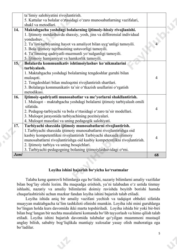 todlari. 4 14. maktabgacha yoshdagi bolalarning ijtimoiy-hissiy rivojlanishi. 1. ijtimoiy moslashuvda shaxsiy, yosh, jins va differensial individual yondashuv. 2. ta’lim-tarbiyaning hayot va amaliyot bilan uyg‘unligi tamoyili. 3. bola ijtimoiy tajribasining ustuvorligi tamoyili. 4. ta’limning qadriyatli-mazmunli yo‘nalganligi tamoyili. 5. ijtimoiy hamjamiyat va hamkorlik tamoyili. 4 15. bolalarda kommunikativ ishtimoiylashuv ko‘nikmalarini tarbiyalash. 1. maktabgacha yoshdagi bolalarning tengdoshlar guruhi bilan muloqoti. 2. tengdoshlari bilan muloqotni rivojlantirish shartlari. 3. bolalarga kommunikativ ta’sir o‘tkazish usullarini o‘rgatish metodikasi. 4 16. ijtimoiy-qadriyatli munosabatlar va me’yorlarni shakllantirish. 1. muloqot – maktabgacha yoshdagi bolalarni ijtimoiy tarbiyalash omili sifatida. 2. pedagog-tarbiyachi va bola o‘rtasidagi o‘zaro ta’sir modellari. 3. muloqot jarayonida tarbiyachining pozitsiyalari. 4. muloqot masofasi va uning pedagogik salohiyati. 4 17. tarbiyachi shaxsida ijtimoiy munosabatlarni rivojlantirish. 1.tarbiyachi shaxsida ijtimoiy munosabatlarni rivojlantirishga oid kasbiy kompetentlikni rivojlantirish tarbiyachi shaxsida ijtimoiy munosabatlarni rivojlantirishga oid kasbiy kompetentlikni rivojlantirish. 2. ijtimoiy tarbiya va uning bosqichlari. 3. tarbiyachi-pedagogning bolaning ijtimoiylashuvidagi o‘rni. 4 jami 68 loyiha ishini …