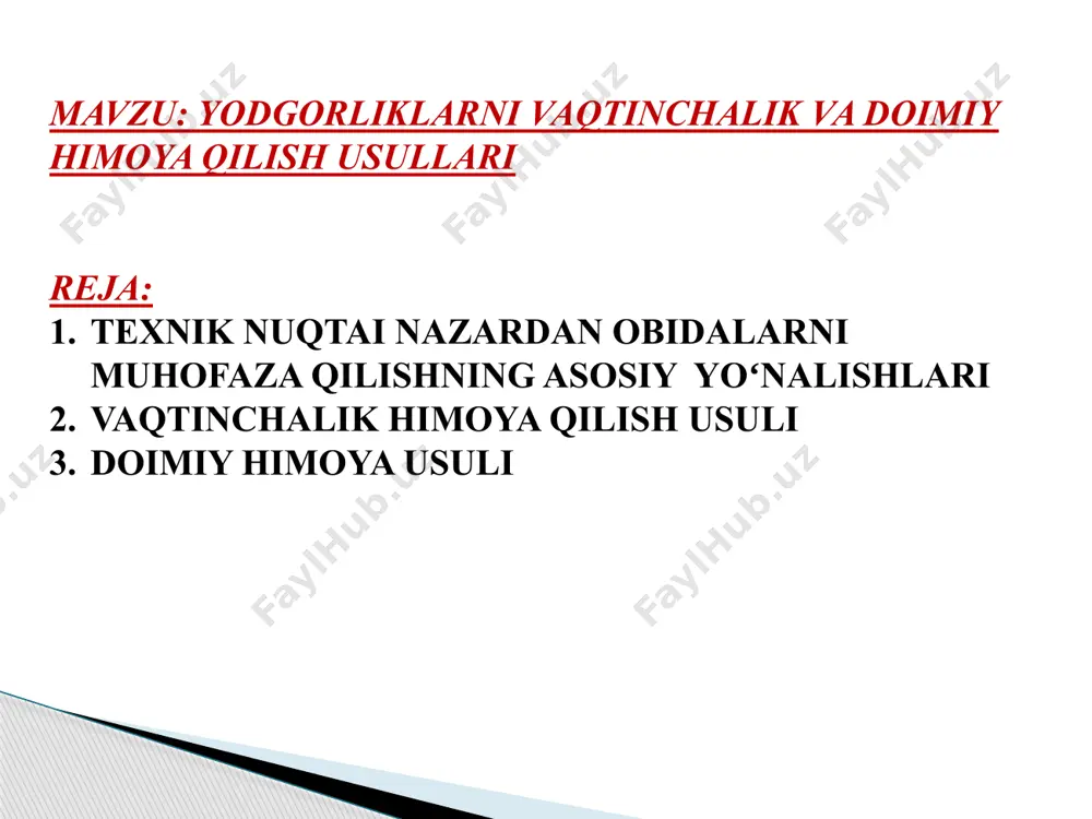 ing siljishlari va tebranishlari, tuproq jismlarining muvozanati buzilishi, suvlarning turbulent ta’siri, oʻsimliklar oʻsib ketishi bilan bogʻliq oqibatlarining oldini olishdan iboratdir. vaqtinchalik (preventiv) himoya me’moriy obidalar va boshqa qimmatli toshli binolarni vaqtinchalik himoya qilish boʻyicha tadbirlar restavratsiya ishlarida juda katta ahamiyatga ega. bunday tadbirlar avariya vaziyatlarida yoki iqtisodiy tanglik (zaruriy restavratsiya ishlarini oʻtkazish uchun mablagʻ yoʻqligi) yuzaga kelganda amalga oshiriladi. vaqtinchalik tadbirlar asosan yemirilish jarayonlari rivojlanishini toʻxtatish yoki toshli taxlar yemirilishi oʻchoqlarini ma’lum vaqtga zararsizlantirish hamda material va konstruksiyalarni yemiruvchi omillar ta’siridan saqlashga qaratilgan. binoni atmosfera yogʻingarchiliklari ta’siridan vaqtincha himoyalash, fundamentlarni sizot suvlari ta’siridan himoya qilishni nazarda tutadigan tadbirlar bunga misol boʻlishi mumkin. koʻpincha preventiv choralar yoki profilaktik kuchaytirish binoning mavjud ahvolini saqlab turish hamda tegishli texnik vositalardan foydalangan holda restavratsiya ishlari boshlanishidan avval taxlarning qandaydir tarkibiy oʻzgarishlari va deformatsiyasiga yoʻl qoʻymaslik maqsadida ham qoʻllaniladi. texnik ahvoli 3-chi yoki undan yuqori toifalarga tegishli boʻlgan ob’yekt yoki konstruksiyalarda profilaktik tadbirlarni oʻtkazish ham …