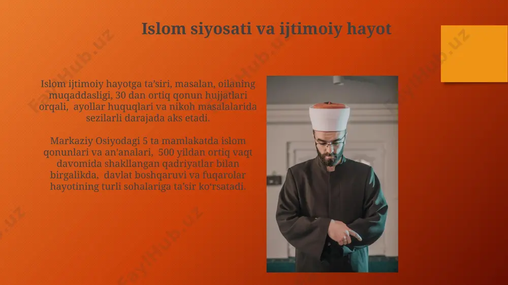va hadislar qur'oni karimning arab tilidagi asl nusxasi dunyoning 1,5 milliarddan ortiq musulmoni uchun muqaddas hisoblanadi va islom dinining asosiy manbai hisoblanadi. qur'oni karim 114 ta sura va 6236 ta oyatdan iborat bo'lib, makka va madina shaharlarida vaqt o'tishi bilan nozil qilingan. islom madaniyati va san'ati islom madaniyatining 8-15-asrlar oralig'ida samarqand, buxoro va xorazm kabi shaharlarda gullab-yashnashi me'moriy obidalar, qo'lyozma kitoblar va miniatyuralar orqali yaqqol namoyon bo'lgan. islom san'atining xususiyati sifatida geometrik naqshlar, arabeskalar va kalligrafiyaning murakkab tizimlari 12-asrda marag'a rasadxonasida hamda keyinchalik keng tarqalgan. islom va yoshlar 2017-yilgi tadqiqotlarga ko'ra, o'zbekistonning 70% dan ortiq yoshlari islom qadriyatlarini hurmat qiladi va 30% dan ortig'i masjidlarga muntazam tashrif buyuradi. samarqanddagi islom merosi markazida 2022-yilda o'tkazilgan yoshlar forumida 500 dan ziyod ishtirokchi islom madaniyati va zamonaviy dunyo muammolarini muhokama qildi. islom falsafa va tasavvufu 15-asrda xorazmda yashab ijod qilgan paxlavon mahmudning tasavvuf falsafasiga qo'shgan hissasi islom dunyosida katta ahamiyatga ega. islom falsafasi …