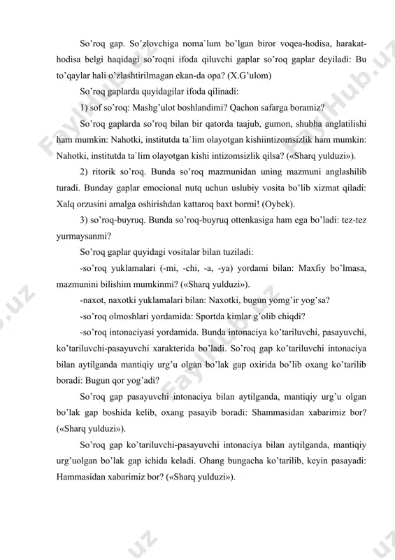 q intonaciyasi ta`kidlanish zarur bo’lgan bo’laklarda ko’tariladi: qachon? u nima dedi? – xol so’radi? so’roq gaplar oxirida yozuvda so’roq belgisi quyiladi. ritorik so’roq gaplar oxiriga so’roq va undov belgilari quyiladi. so’roq gaplar ko’proq dialogik nutq uchun xarakterlidir. buyruq gap. buyurish, iltimos, maslahat kabilarni ifoda qiluvchi gaplar buyruq gap deyiladi: ehtiyot bo’l! ko’zingga qarab qadam bos (p.tursun). buyruq gaplarda buyruq, maslahat, iltimos, g’azab, duk kabilar ifoda qilinadi: topshiriqni o’z vaqtida bajar! (buyruq) yangidan chiqqan adabiyotlar bilan tanishib boring (maslahat) – tur urningdan! menga aytmoqchi bo’lgan xasrating shumi? chiq uydan (duk, g’azab). buyruq gapning kesimi odatda buyruq mayli bilan ifodalanadi. bunda fikr kuproq tinglovchi shaxsga qaratilgan bo’ladi. shuning uchun ham bunday gaplarning kesimi buyruq maylining ii-shaxs shakli bilan ifodalanadi: v-o-oy, yondim! ado bo’ldim… suv! suv beringiz! qutqaringlar! («sharq yulduzi»). ba`zi buyruq gap kesimi buyruq maylining i va iii shaxs shakllari bilan ifodalanadi: a`lo o’qish uchun qarashaylik! meni ruyxatga yozib quysin («sharq yulduzi»). …