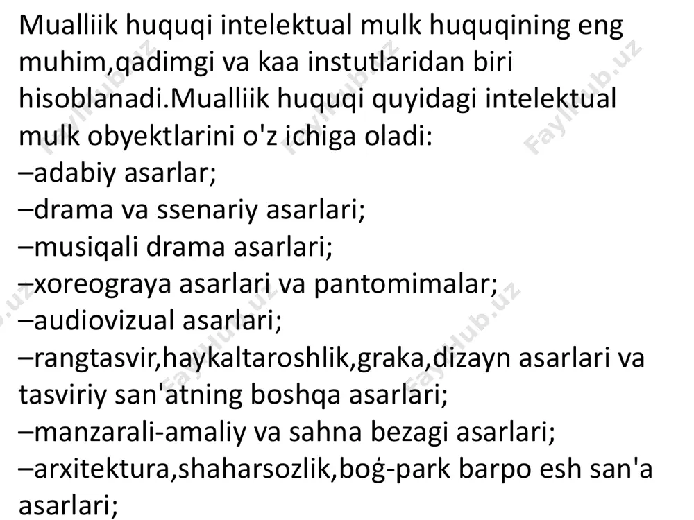 a asos bo'ladi. xulosa o'rnida quyidagi fikrlarni aytish mumkinki,hozirgi kunda yurtimizda mualliflik huquqi bo'yicha juda ko'p muammolar mavjud.ba'zi insonlar boshqalarning asarlarini muallifning roziligisiz chiqarib yuborishayotgani va mana shu ishlardan mo'maygina daromad topishayotgani,qo'shiqchilar tomonidan shoirlarning she'rlarini so'ramasdan qo'shiq qilib aytishayotgani yoki olimlarning,professorlarning ilmiy ma'ruzalaridan yoki kitoblaridan ma'lumotlarni olib o'zlarining ilmiy ishlarida foydalanayotgani achinarli holat, albatta.mana shunday plagiatlar natijasida insonlarda shaxsiy fikrlash qobiliyati yo'qolib borayotgani achinarlidir.shaxsiy fikrlash qobilyatining yo'qolishi mamlakat tanazzuliga ham olib kelishi mumkin.agar biz nafaqat mualliflik huquqini balki barcha intellektual mulk obyektlarini himoya qilsak,ular bilan boģliq bo'lgan muammollarni bartaraf etsak,bu soha ham vatanimiz nufuzini oshiruvchi bir mezon bo'ladi.zero,yurtboshimiz ta'kidlaganlaridek, "intellektual mulk himoyasini mustahkamlay olsak,bu ham uchinchi renesansga mustahkam poydevor bo'lishi mumkin". foydalanilgan adabiyotlar: "mualliflik huquqi va turdosh huquqlar tòģrisida"gi qonun 20.07.2006 intellektual mulk darslik 2020-yil https://uz.m.wikipedia.org/wiki/mualliflik_huquqi e'tiboringiz uchun tashakkur) image1.jpeg image2.jpeg image3.jpeg image4.jpeg