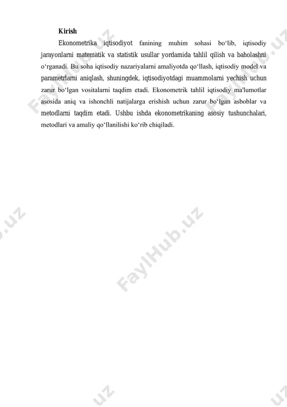 atlantirish uchun amalga oshirgan siyosatlarini tahlil qilishda ekonometrika yordamida ularning iqtisodiyotga ta'siri o‘lchanadi va qanday samaralar berishini bashorat qilish mumkin. shuningdek, iqtisodiy siyosatlarning ijobiy yoki salbiy ta'sirlarini aniqlashda ham ekonometrikaning yordami katta. ekonometrikaning ta'rifi ekonometrika, oddiy so‘z bilan aytganda, iqtisodiy jarayonlarni va hodisalarni matematik va statistik metodlar yordamida o‘rganish va tahlil qilish san'ati va fanidir. bu soha iqtisodiy ma'lumotlarni yig‘ish, tahlil qilish, ularni statistik modelga kiritish, natijalarni baholash va iqtisodiy qarorlar qabul qilishda qo‘llaniladi. ekonometrika iqtisodiy nazariyalarni amaliyotda tekshirish va iqtisodiy o‘zgarishlar va jarayonlar o‘rtasidagi bog‘liqlikni aniqlash uchun zarur bo‘lgan metodlarni taqdim etadi. ekonometrik modellar ko‘pincha ikki asosiy elementdan iborat bo‘ladi: nazariy model va statistik model. nazariy model iqtisodiy tizimning umumiy tasvirini beradi, u iqtisodiy o‘zgaruvchilar o‘rtasidagi bog‘liqlikni matematik shaklda ifodalaydi. statistik model esa ushbu nazariy modelni real hayotdagi ma'lumotlar yordamida qo‘llashni ko‘zda tutadi va ma'lumotlar asosida model parametrlarini aniqlashga yordam beradi. ekonometrik modellarni qurishda, iqtisodiy tizimdagi har bir o‘zgaruvchining …