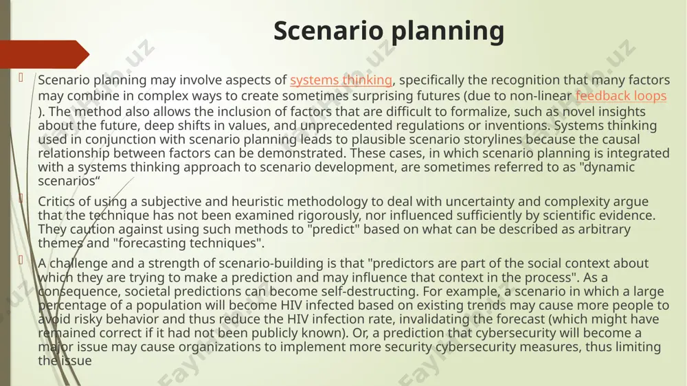 ing is as much art as science, and prone to a variety of traps (both in process and content) as enumerated by paul j. h. schoemaker. more recently scenario planning has been discussed as a tool to improve the strategic agility, by cognitively preparing not only multiple scenarios but also multiple consistent strategies. futurology is an interdisciplinary field that aggregates and analyzes trends, with both lay and professional methods, to compose possible futures. it includes analyzing the sources, patterns, and causes of change and stability in an attempt to develop foresight. around the world the field is variously referred to as futures studies, futures research, strategic foresight, futuristics, futures thinking, futuring, and futurology. futures studies and strategic foresight are the academic field's most commonly used terms in the english-speaking world. foresight was the original term and was first used in this sense by h.g. wells in 1932. "futurology" is a …
