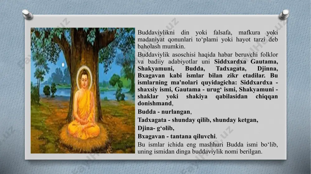 alish ro‘y berdi. “xinayana” (sanskritcha – kichik g‘ildirak) yo‘nalishi an’anaviy qarashlarga rioya qilishi bilan birga budda ta’limotiga qat’iy mantiqiy izchillik berishga intildi. “mahayana” (sanskritcha – katta g‘ildirak) yo‘nalishi budda ta’limotining barcha tomonlarini isloh qildi. buddaga ilohiylik tusini berib, diniy marosim va ibodatlarni joriy etdi. ushbu yo‘nalishlarning mahalliy qadriyatlar va boshqa dinlar bilan sintezlashuvi esa “lamaizm”, “vajrayana”, “dzen (chan) buddizm”, “tyantay”, “dxiana” kabi yo‘nalishlarning vujudga kelishiga zamin yaratdi. buddaviylikning ilk yo‘nalishlaridan biri, najot topishning tor yo‘li bo‘lgan “xinayana” miloddan avvalgi i asrda shakllangan bo‘lib, uning asosiy qoidalari “tipitaka”da bayon qilingan. “xinayana”ni budda kichkina qayiq misolida tushuntirgan: kishi yolg‘iz o‘zi unga o‘tirib, tinch–omon daryodan suzib o‘tishi mumkin. bunday kishi “arxata” deb atalgan. u butun kuch–qudrati va imkoniyatini oliy maqsad sari qaratib, haqiqatni anglaydi. “arxata” faqat o‘zi haqida qayg‘uradi va har bir kishi “nirvana”ga erishish uchun o‘zi harakat qilishi kerakligi, boshqalarning yordami bilan hech narsaga erishib bo‘lmasligini uqtiradi. rahm–shafqat, achinish, hamdardlik qanchalik yuksak …