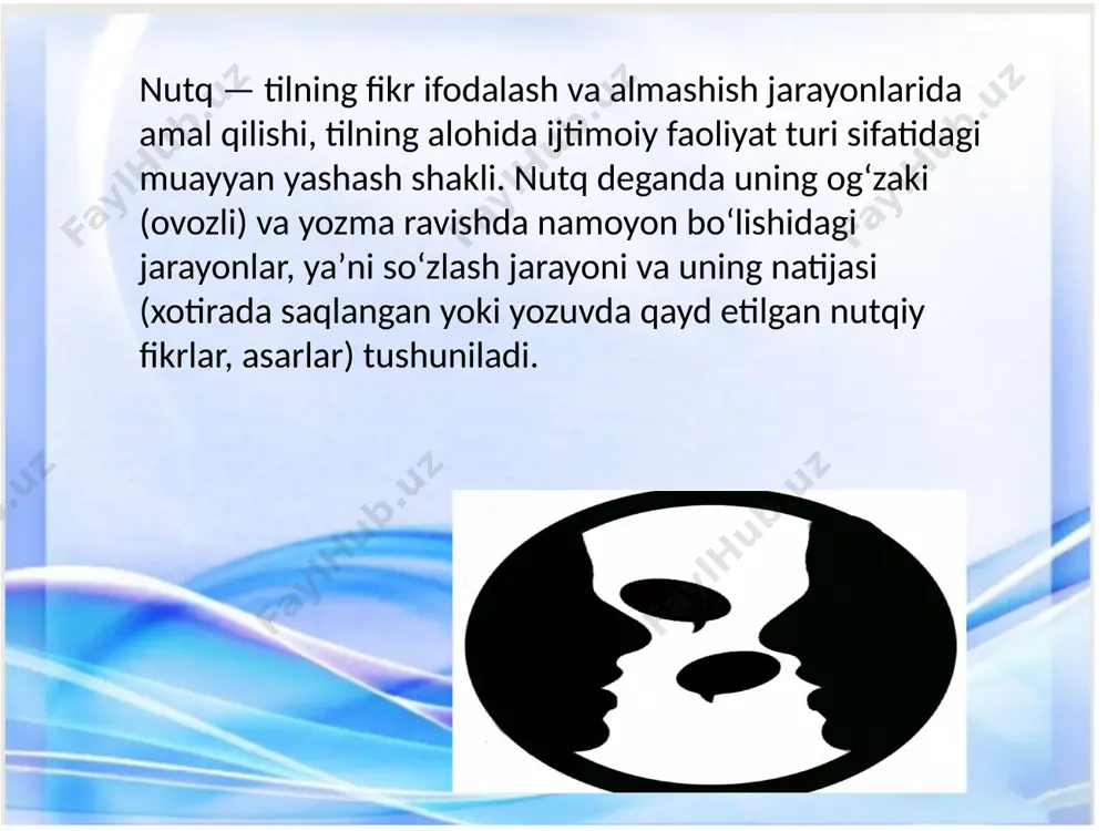 lar paydo bo'ladi. ichki nutq (o'zi bilan suhbat) inson uchun juda tushunarli. o'zingiznikiga qaraganda boshqalar bilan muloqot qilish qiyinroq. 2) og'zaki yoki yozma. xat yozilgan nutqdir. 3) passiv (o'qish, tinglash) yoki faol (gapirish, yozish). 4) monologik yoki dialogik. e'tiboringiz uchun rahmat! image1.jpeg image2.jpeg image3.jpeg image4.jpeg