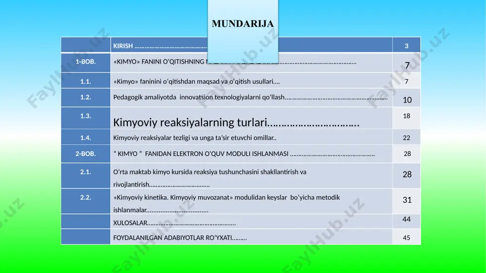 da kam uchraydigan betakror milliy modeli yaratildi [1]. ta’lim va tarbiya, ilm-fan, sog‘liqni saqlash, madaniyat va san’at, sportni rivojlantirish masalalari, yoshlarimizning chuqur bilimga ega bo‘lishi, chet tillarini va zamonaviy axborot-kommunikatsiya texnologiyalarini puxta egallashini ta’minlash doimiy ustuvor vazifamiz bo‘lib qoladi. jamiyatimizda korrupsiya, turli jinoyatlarni sodir etish va boshqa xuquqbuzarlik holatlariga qarshi kurashish, ularga yo‘l qo‘ymaslik, jinoyatga jazo albatta muqarrar ekani to‘g‘risidagi qonun talablarini amalda ta’minlash bo‘yicha qat’iy choralar ko‘rishimiz zarur. ... shu maqsadda hukumatning, tegishli vazirlik va idoralar hamda butun ta’lim tizimining, xurmatli domlalarimiz va professor-o‘qituvchilarning eng muxim vazifasi – yosh avlodga puxta ta’lim berish, ularni jismoniy va ma’naviy etuk insonlar etib tarbiyalashdan iboratdir. ta’lim to’g’risidagi va ―kadrlar tayyorlash milliy dasturi to’g’risida o’zbekiston respublikasi qonunlariga, 2017-2021- yillarga mo’ljallangan o’zbekiston respublikasini yanada rivojlantirish bo’yicha harakatlar strategiyasi, o’zbekiston respublikasi prezidenti sh.m.mirziyoyevning―pedagog kadrlarni tayyorlash, xalq ta’limi hodimlarini qayta tayyorlash va ularning malakasini oshirish tizimini yanada takomillashtirish chora-tadbirlari to’g’risidagi qaroriga [2] muvofiq, ta’lim bosqichlarining uzluksizligi …