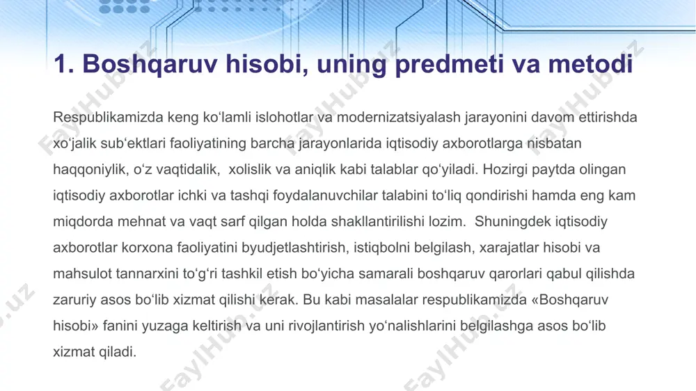 ‘minlash, korxona buxgalteriyasini ikki mustaqil qism: moliyaviy va kalkulyatsiya hisobiga bo‘linishini shart qilib qo‘ydi. bu tarzda buxgalteriyaning mustaqil qismlarga bo‘linishi moliyaviy hisobni markazlashtirish va kalkulyatsiya hisobini esa nomarkazlashtirishga sabab bo‘ldi. natijada, kalkulyatsiya hisobi o‘z vazifalariga ega bo‘la boshladi va boshqaruv jarayonini tezkor tahliliy axborot bilan ta‘minlash, korxona bo‘linmalari xarajatlari va daromadlarini nazorat qilish imkoniyatini yaratdi. 11 ikkiyoqlama yozuvning paydo bolishi kalkulatsiya hisobining rivojlanishini yanada yuqoriroq pog’onaga ko’tardi. korxonaning umumiy buxgalteriyasi tarkibida kalkulatsiya hisobining ajratib ko'rsatilishi esa buxgalteriya hisobini yanada takomillashtirish imkonini berdi. 12 bozor munosabatlari sharoitida buxgalteriya hisobini mukammallashtirish, jumladan axborotlarni o‘z vaqtida foydalanuvchilarga yetkazish, tijorat sirining saqlanishini ta’minlash, korxona buxgalteriyasini ikki mustaqil qism: moliyaviy va kalkulatsiya hisobiga bo'linishini shart qilib qo'ydi. 13 bu tarzda buxgalteriyaning mustaqil qismlarga bo'linishi moliyaviy hisobni markazlashtirish va kalkulatsiya hisobini esa nomarkazlashtirishga sabab bo'ldi. natijada, kalkulatsiya hisobi o’z vazifalariga ega bo’la boshladi va boshqaruv jarayonini tezkor-tahliliy axborot bilan ta’minlash, korxona bo'linmalari xarajatlari va daromadlarini nazorat …
