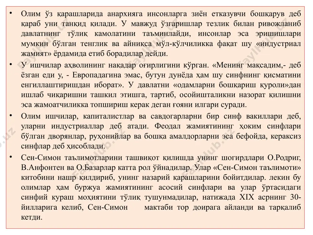 ан ажралиб турган. р.оуен 1800 йилдан бошлаб пю-ленарк (шотландия) даги йигирув корхонасида бошқарувчи бўлган, ўша йилларда унда инсониятни қутқаришни мақсад қилган ислоҳотчилик ғоялари шаклланади. бироз кейинроқ (1820 йилдан бошлаб) хаёлий социализмга хос бўлган фикрлар ва ташвиқотга асосий эътиборни қаратади. р.оуеннинг «жамиятга янгича қараш ёки характерни шакллантириш ҳақида тажрибалар», «янги аҳлоқий дунё китоби», «адолатли алмашув бозори», «улуғ миллий ҳунар иттифоқи» асарларида унинг социалистик лойиҳалари баён этилгандир. у капиталистик жамиятни танқид қилиб, унинг халққа қарши моҳиятини очиб беради. барча мулкни умумнинг мулкига айлантирадиган, қашшоқлик йўқоладиган, меҳнат жафо-зулматдан бахт-саодатга айланадиган коммунистик жамоалар тузиш фикрига келади. шу мақсадга ҳалақит берадиган учта тўсиқ бор дейди у. бу учта иллат: хусусий мулк, дин ва буржуача никоҳдир. янги тузум янги йўл билан ёки тинч йўл билан қурилади ва унга тинч йўл билан ўтилади, деб ишонади. р.оуеннинг лойиҳа ва ижтимоий дастурлари франсуз хаёлий социалистларидан фарқ қилиб, анча аниқ ва амалийлиги билан ажралиб туради. у ишчилар меҳнатини енгиллаштирадиган ёшлар …