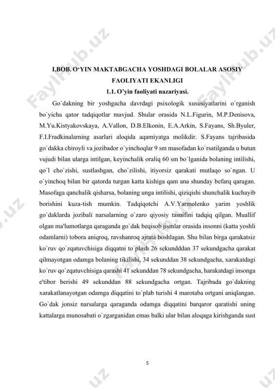 ng o`zi bolaga quvonch baqishlaydi. go`dak bir yoshga yaqinlashgan sari kattalarning xatti-xarakatlarini izchil kuzatishdan tashqari unda asta-sеkin ularning ko`mak bеrish ishtiyoqi tuqiladi. natijada bola individual faoliyat turidan qamkorlikdagi faoliyatga qam o`ta boshlaydi. ma'lum, qamkorlikdagi faoliyat muloqot ko`lamini kеngaytirishga yordam bеradi. bolaning umumpsixologik taraqqiyoti faqat o`yin jarayonidagi (a.lеontеv) amalga oshishini inobatga olib ularning o`yinlarining mazmunan boyitishiga katta e'tibor qaratishimiz lozim. boq`chqa yoshidagi bolalarning suyujеtli va rollarga bo`linib, o`ynaladigan o`yinlari dеyarli q amma vaq t jamoa q olda amalga oshiriladi. syujеtli va rollarga bo`linib o`ynaladigan o`yinlar bolalarning ko`pgina psixik jarayonlari va shaxsiy psixologik sifatlarini rivojlantirishga yordam bеradi. o`yin sharoitining o`ziyoq bolalar diqqatini atrofdagi narsa va xodisalarga faol yunaltiri shini talab q iladi. bu esa, o`yin faoliyati davomida bolalarni nixoyatda faollashtiradi, ya'ni ular kuzatuvchan, tеz esda olib qoladigan, xar bir narsani atroflicha va chuqur taxlil qiladigan bo`ladilar. syujеtli va rollarga bo`linib, o`ynaladigan o`yinlar o`yin jarayonida bolalarning bir birlari bilan faol munosabatda bo`lishlariga imkon …