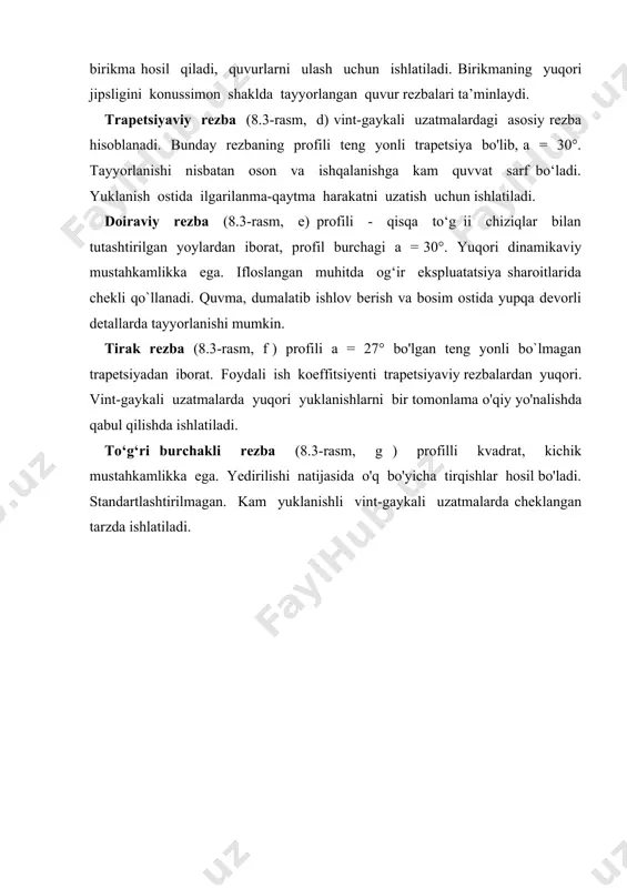 o`ladi. shunday qilib, sirib tortilgan bolt sterjeniga tashqi kuch ta`sir etganda bu bolt sterjenining diametri quyidagicha aniqlanadi: boltli birikmada kuch o’qqa tik yo’nalgan xol bilan tanishib chiqamiz. bunda bolt ikki xil tarzda o`rnatilishi mumkin. 1. bolt o`rnatilgan teshik bilan bolt diametri orasida bo’shliq bor. bunday birikmada bolt sirib tortilgach, detallar bir-biriga nisbatan siljimasligi kerak. bu esa ular orasidagi ishqalanish kuchi xisobiga erishiladi, ya`ni g` yoki bu erda, f - detallar orasidagi ishqalanish koeffitsienti. k =1.3 - 2.0 -xavfsizlik koeffitsienti fs - sirib tortilgan kuchning qiymati f- detallarga ta`sir etuvchi tashqi kuch. bu xol uchun bolt sterjeni cho`zilishidagi kuchlanish: bolt sterjenining diametri: bolt o`rnatilgan teshik bilan bolt diametri orasida bo’shlik yo’k. bunday birikmalarda tashqi kuchlar detal orqali bolt sterjeniga ta`sir qiladi, natijada uning sterjeni kesilishga va ezilishga xisoblanadi. bolt sterjenining kesilish va ezilish bo`yicha mustaxkamlik sharti: o’rtadagi detal uchun: ikki chetdagi detallar uchun: bolt sterjeniga ta`sir qiluvchi kuch eguvchi mo`lent xosil …