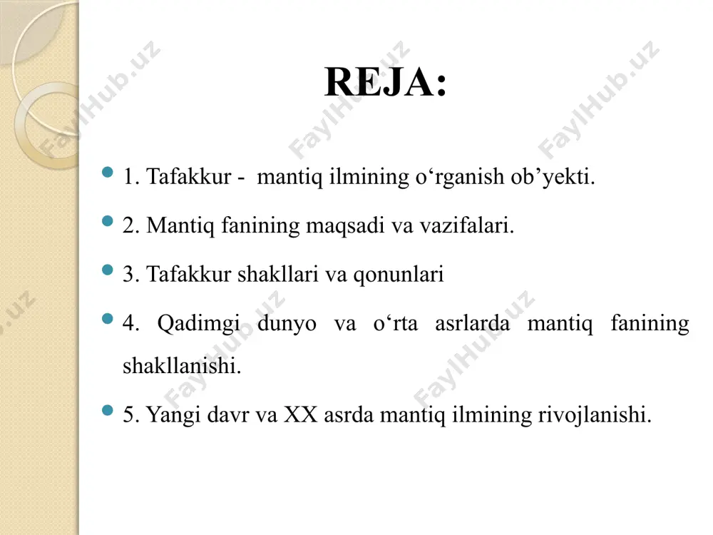 vhumlashtirish tafakkur shakllari tushsuncha hukm (mulohaza) xulosa chiqarish formula – a=a formula – a ham b, ham b emas bo’la olmaydi. formula – a yo b, yoki b emas bo’la olmaydi. formula – agar b mavjud bo‘lsa, uning asosi sifatida a ham mavjud. asoschisi - leybnis asoschisi - arestotel asoschisi - arestotel asoschisi - arestotel tafakkur shakllari 1. ayniyat 2. ziddiyat 3. istisno 4. yetarli asos qadimgi hindistonda mantiq ilmining rivojlanishi qadimgi hindistonda mantiq ilmining rivojlanishi uch davrni o‘z ichiga olgan: 1) ilk budda mantig‘i (er.av.vi – v asrlar); 2) n’yaya, vaysheshika maktabla-rining mantiqiy ta’limoti (er. iii – v asrlari); 3) budda mantig‘ining rivoj-langan davri (er. vi – viii asrlari). hind mantiqshunoslari bahs – munozarada nima isbotlanadi va qanday isbotlanayapti, degan masalaga asosiy e’tiborni qa-ratganlar. qadimgi yunonistonda mantiq ilmining rivojlanishi. qadimgi hindistonda shakllangan mantiq an’analari kadimgi gresiyada mantiq ilmining paydo bo‘lishiga ta’sir ko‘rsatgan. qadimgi grek falsafasida mantiq masalalari, dastlab, parmenidning …