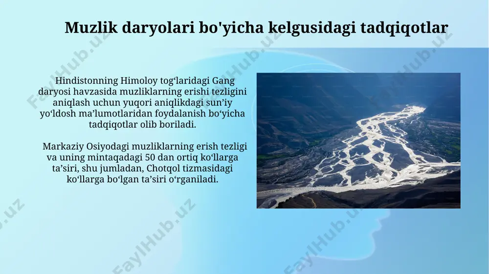 g'laridagi muzliklarning tez erishi natijasida, taxminan 500 dan ortiq kichik daryolar suv sathi keskin o'zgarib, ekologik muvozanat buzilishiga olib kelmoqda. qorqalpaqistondagi amudaryo havzasida muzliklarning kamayishi, 10% ga yaqin suv resurslarining yo'qotilishiga olib kelishi va 300 ming gektardan ortiq qishloq xo'jalik yerlarining suv ta'minotiga ta'sir ko'rsatishi mumkin. iqlim o'zgarishi va muzlik daryolari o'rta osiyo tog'laridagi muzliklarning 20% dan ortig'i so'nggi 50 yil ichida erib ketgan, bu amudaryo va sirdaryo kabi daryolar suv ta'minotini sezilarli darajada kamaytirmoqda. alp tog'laridagi muzliklarning tez erishi, rhône daryosi kabi daryolarga ta'sir qilib, yillik oqim hajmining 15% ga qadar pasayishiga olib kelishi mumkin, bu qishloq xo'jaligiga salbiy ta'sir ko'rsatadi. muzlik daryolarini o'rganish usullari muzlik daryolari oqimining o'zgarishini o'rganish uchun, alay tog'laridagi 3 ta muzlikdan olingan ma'lumotlarni 10 yillik davr mobaynida tahlil qilish orqali suvning miqdoriy va sifat ko'rsatkichlarini aniqlash mumkin. muzliklarning erish tezligini aniqlash uchun, landsat 8 sun'iy yo'ldoshi yordamida olingan 2015 va 2023 yillardagi pamir tog'lari …