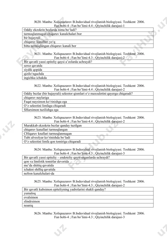 nish biologiyasi. toshkent 2006. fan bobi-4 ; fan bo’limi-4.4 ; qiyinchilik darajasi-2 oddiy bezlar (bir hujayrali) sekretor qismlari o‘z maxsulotini qayerga chiqaradi? chiqaruv naylariga faqat naysimon ko‘rinishga ega o‘z sekretini limfaga chiqaradi sharsimon tuzilishga ega №23. manba: xoliqnazarov b.induvidual rivojlanish biologiyasi. toshkent 2006. fan bobi-4 ; fan bo’limi-4.4 ; qiyinchilik darajasi-2 murakkab ekzokrin bezlar qanday tuzilgan chiqaruv kanallari tarmoqlangan chiqaruv knallari tarmoqlanmagan tubi alveolyar ko‘rinishda bo‘ladi o‘z sekretini limfa qon tomiriga chiqaradi №24. manba: xoliqnazarov b.induvidual rivojlanish biologiyasi. toshkent 2006. fan bobi-4 ; fan bo’limi-4.3 ; qiyinchilik darajasi-3 bir qavatli yassi epiteliy – endoteliy qaysi organlarda uchraydi? qon va limfotik tomirlar devorida me’da shittiq qavatida ichakni shilliq qavatida nefron kanalchalari-da №25. manba: xoliqnazarov b.induvidual rivojlanish biologiyasi. toshkent 2006. fan bobi-4 ; fan bo’limi-4.3 ; qiyinchilik darajasi-2 bir qavatli kubsimon epiteliyning yadrolarini shakli qanday? yumaloq ovalsimon slindrsimon noaniq №26. manba: xoliqnazarov b.induvidual rivojlanish biologiyasi. toshkent 2006. fan bobi-4 ; fan bo’limi-4.3 …