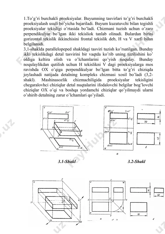 osh ko’rinish); 2-ustidan ko’rinish 3-chapdan ko’rinish; 4-o’ngdan ko’rinish; 5-ostidan ko’rinish; 6-orqadan ko’rinish. ko’rinishlar chizmada gost 2.305-68 ga muvofiq joylashtiriladi. asosiy proyeksiyalar tekisligi qilib kubning olti oyog’i olnadi (3.5-shakl) so’ngra ularni yoyib bitta tekislik xosil qiladi. buning uchun fractal proyeksiyalar tekisligini o’z o’rnida qoldirib, qolgan proyeksiyalar tekisligi 3,5-shakldagidek strelka bilan ko’rsatilgan yo’nalishda aylantirib, frantal tekislik bilan bitta tekislik yuza xosil qilinadi. (3.3-shakl) oldindan ko’rinish-bosh ko’rinish deyiladi. bosh ko’rinish detalning shakli, ko’rinar va ko’rinmas chiziqlari xaqida boshqa ko’rinishlarga qaraganda ko’proq ma’lumot beriladiganboshqa ko’rinishlarga kamroq extiyoj qoldiradigan qilib tanlanadi. chizma chizishda k’rinishlarning mumkin qadar kamroq bo’lishiga erishish uchun xarakat qilish kerak. 3.5-shakl standartlarda ko’rsatilgan ba’zi bir shartliyliklardan foydalanish chizmada proyeksiyalar sonini kamaytirishga yordam beradi, m: d (diometr) va (kvadrat) belgilardan foydalanish zarur (3.7-shakl). bu shakllarda ko’rsatilgan detallargabitta ko’rinish berish etarli. agar bu detallar sirtida yoki ichida biror o’yiq yoki yo’nilgan qismi bo’lsa, u vaqtda bu qismning shaklini aniqlovchi biror tasvir qo’shib ko’rsatiladi (3.8-shakl). …