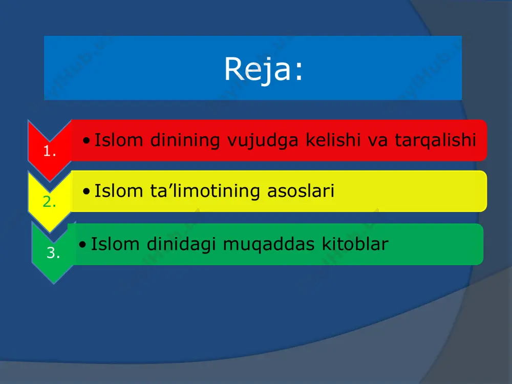 ma’noni anglatadi.islomni qabul qilib,rasulullohga ergashgan uning izdoshlari “muslim” deb atalgan. muhammad (s.a.v) 630-yili arablarni yagona davlatga birlashtiradi.arab davlati yamandan sino yarim oroligacha,qizil dengiz sohillaridan markaziy qum sahrosigacha cho’zilgan hududlarni o’z ichiga olgan. muhammad vafot etgach,davlatni xalifalar boshqarganlar.632- yildan 661-yilgacha bo’lgan vaqt ichida 4 nafar xalifa hukmronlik qilgan.bular muhammadning qaynatalari abu bakr va umar,kuyovlari usmon va alilar edi. xalifa umar davrida suriya,falastin,misr,shimoliy afrika,iroq istilo qilinib, islom dini dunyo bo’ylab tarqala boshlagan.viii asrda o’rta osiyoda fath etilgan yerlarda aholini islom diniga kiritish harbiy to’qnashuv,da’vat hamda soliq siyosati bilan amalga oshirildi. islom dini ix-x asrlarda tataristonda, x-xii asrlarda boshqirdistonda tarqalgan. islom dining ta’limoti uning muqaddas kitobi qur’oni karimda bayon etilgan.unga ko’ra islom ta’limotining asosini imon,islom va ehson tashkil etadi.imon 7 aqidaga asoslanadi. allohga payg’am barlarga oxiratga o’lgandan so’ng tirilishga ishonishdir taqdirga muqaddas kitoblarga farishtal arga 1.alloh-dunyodagi barcha mavjudotlarni yaratgan.olamda yuz bergan va kelajakda yuz beradigan barcha voqea va hodisalar,dunyoning tugashi va oxirat alloh …