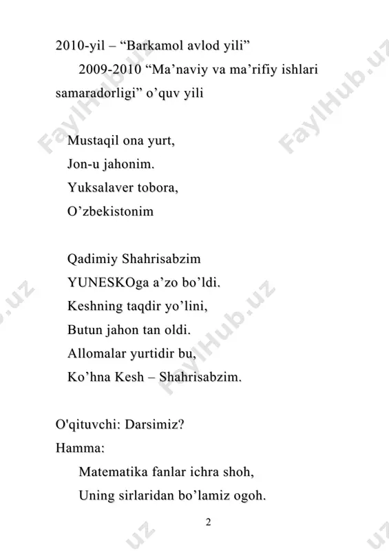 t necha soat? f) 3 tonna 80 kg necha kg? g) 560 ning 3/7 qismi? h) 7 soat necha minut? i) 420 sm necha metr, necha dm? j) guruhlar nomi haqida ma'lumot 1-shart bo'yicha o'quvchilar baholanadi. 2-shart. anglash o'qituvchi yangi mavzuni bayon qiladi. .80 60 40 900 3200 54000 80·40=80·(4·10)=320·10=3200 60·900=60·(9·100)=60·9+60·100=54000 2. guruhlar musobaqa asosida doskada bajaradilar. 1-guruh. 30 10 300 700 9000 7000 2-guruh 420 340 900 200 378000 68000 3-guruh 50 40 3000 400 150000 160000 “charxpalak” o’yini guruhlar asosida amalga oshiriladi. 1. qarama-qarshi sonlarni birlashtirsa o’rtadagi sonni to'ldirish orqali 100 sonini hosil qiling 2. 1000 sonini hosil qiling 3. 10000 sonini hosil qiling 3-topshiriq. o’tilganlarni mustahkamlash 3 guruhdan 3 o'quvchi chiqib, 3-misoldagi tenglamalarni tez va to'g’ri bajarish sharti. x+9488=14318 2. x-7145=13413 3. x·2-743=9447 g’oliblar aniqlangunga qadar o'quvchilarga test savollari tarqatiladi. test natijalari baholangunga qadar qiziqarli masalalar orqali o'quvchilar dam olish daqiqasini o’tkazadilar. 1. bir bola 20 dan …