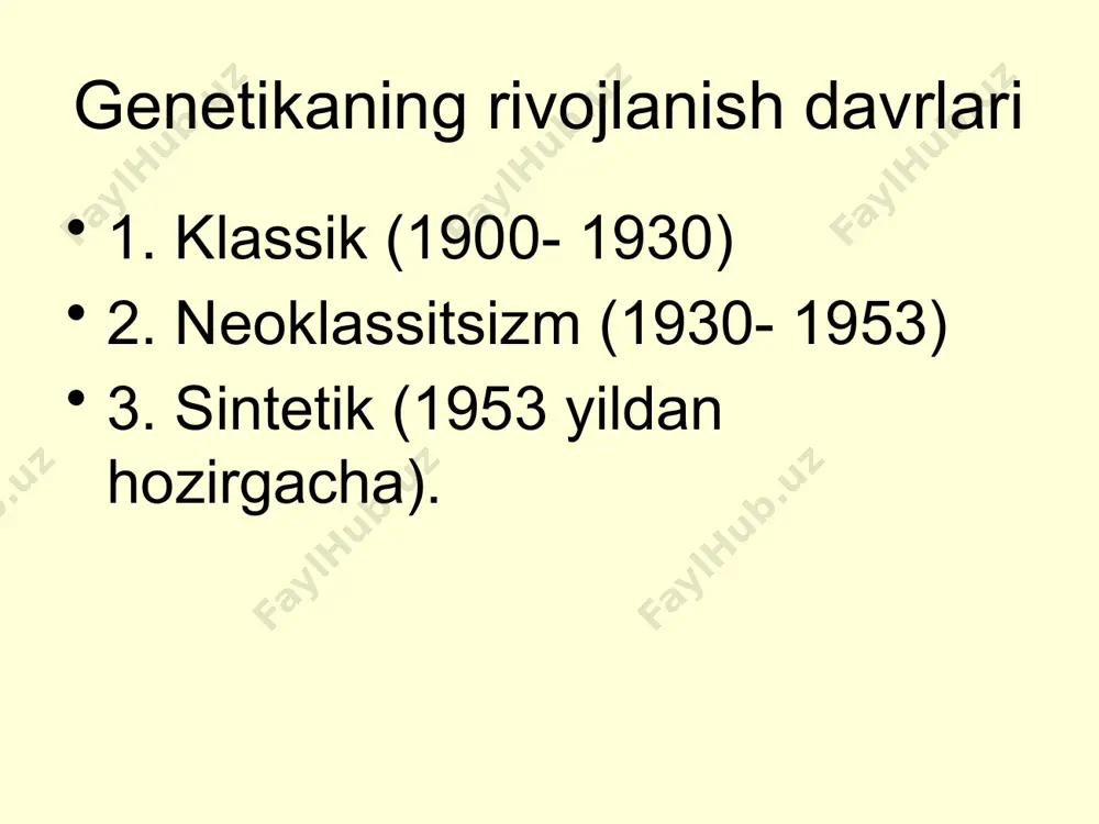 ♀ iai x ♂ ibi g: ia, i ib, i f1: iaib; iai; ibi; ii iv ii iii iv abo sistemasi bo’yicha qon guruhlari qon guruhlari genotiplar eritrotsitlardagi antigenlar qon plazmasidagi antitelo i (0) ii - α, β ii (a) іаіа, іаі a β iii (b) івів, іві b α iv (ab) іаів ab - kodominantlik 2. noallel genlar o'zaro ta'siri (murakkab belgilar rivojlanadi) tiplari: komplementrlik epistaz joylashish effekti polimeriya komplementarlik dominant epistaz polimeriya 1. komplementarlik 2 gen (dominant holda) birgalikda yangi belgini yuzaga chiqaradi. belgilar ajralishi 9:7, 9:6:1 odamda: 1. eshitish qobiliyati, 2. interferon, 3.gemoglobin, 4. soch pigmentasiyasi genlari . soch rangining irsiylanishi epistaz 1 gen 2-chisining ta'sinrini bo'g'adi dominant epistazda belgilar ajralishi: 13:3, 12:3:1 gipostaz - resessiv epistaz “bombey fenomeni” 5. qo'shilish effekti kuzatiladi genlarning joylashish - effekti gen funksiyasi qo'shni genga bog'liqligi полимерия har xil genlar bitta belgiga ta'sir qiladi. 1. belgilar ajralishi: 15:1 4. miqdoriy belgilarga …