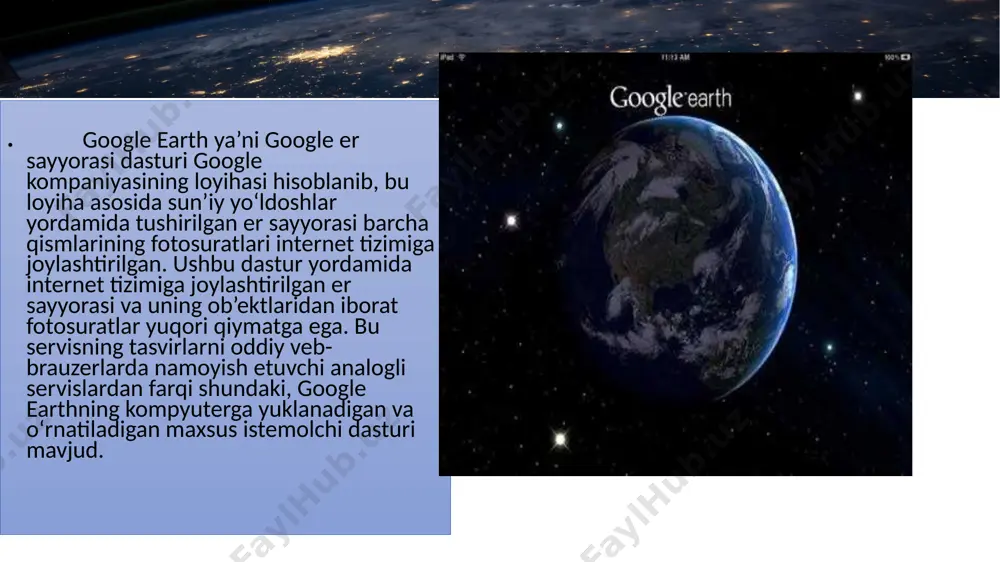 sayyorasi dasturi foylanuvchi uchun zarur bo‘lgan tasvirlar va boshqa ma’lumotlarni intenetdan avtomatik (tezkor) tarzda kompyuterga yuklaydi. bu ma’lumotlardan istemolchi foydalanishi va ularni qayta ishlashi uchun kompyuter xotirasida saqlaydi. keyinchalik foydaluvchi tomonidan dastur ishga tushirilganda yangi ma’lumotlar yuklanadi va bu o‘z navbatida internet trafikini sezilarli darajada iqtisod qilish imkonini beradi. 2.tasvirlarni monitorda namoyish etishda er sayyorasining uch o‘lchamli modelidan foydalaniladi (albatta bu erda balandlikning dengiz sathidan qayd etilishi hisobga olingan). uch o‘lchamli tasvirlarni ekranda namoyish etish directx yoki opengl interfeyslari yordamida amalga oshiriladi. aynan er yuzasi landshaftining uch o‘lchamli tasvirini namoyish etish imkoniyati bilan google earth dasturi undan avvalroq ishlab chiqilgan google maps dasturidan farq qiladi. foydalanuvchi google earth dasturining “virtual kamera” asbobi yordamida er sayyorasining xoxlagan bir nuqtasiga qiyinchiliksiz ko‘chish imkoniyatiga egadir. 3.dasturda sayyoramiz barcha quruqlik qismi digitalglobe kompaniyasi tomonidan suratga olingan va pikselga 15m qiymatiga ega tasvirlari joylashtirilgan. ba’zi davlatlar hududlari tasviri yuqori qiymatga ega. masalan: moskva shahrining tasviri …