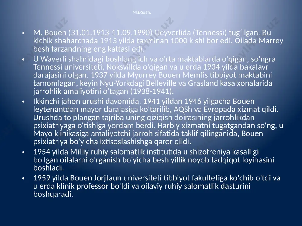 k, intellektdan affektning ustunligi bilan ajralib turadi. murray bowenning oila tizimlari nazariyasida ikkita parametr ajralib turadi - tashvish darajasi va "men" ning differentsiatsiyasi . anksiyete hissiy tizimning asosiy xususiyatidir. yuqori tashvishli tizimdagi shaxslar tashvishlarni kamaytirishga qaratilgan turli xulq-atvor modellarini rivojlantiradilar. ular orasida to'rttasi eng keng tarqalgan: uzoqlashish, oilaviy mojaro, muammolarni bolaga proektsiyalash, turmush o'rtoqlardan birining simptomatik xatti-harakati. ularning har birining namoyon bo'lish uslublaridagi aniq farqlarga qaramay, bu jarayonlarning barchasining maqsadi umumiydir - tashvishni kamaytirish. anksiyete darajasi - bu tizimning o'ziga xos irsiy xarakteristikasi bo'lib, yadro oilasi ota-ona oilalaridan olingan. farqlanish - bu oila tizimining, shuningdek, individual faoliyatning navbatdagi xususiyati. oxirgi holatda, m. bouen "o'z-o'zini farqlash" atamasini qo'llagan differensiallik darajasi va faoliyat darajasi hayvonlarda past bo'ladi, inson hayvonlardan farqli o'laroq, o'z aql-idrokidan keng foydalanishga qodir, bu unga hatto hissiy jihatdan kuchli vaziyatlarda ham o'zini aqlli tutishga, voqelikni baholashda faktlarga tayanishga imkon beradi. va qaror qabul qilish zarur bo'lgan sharoitlarda. bouenning ta'kidlashicha, …