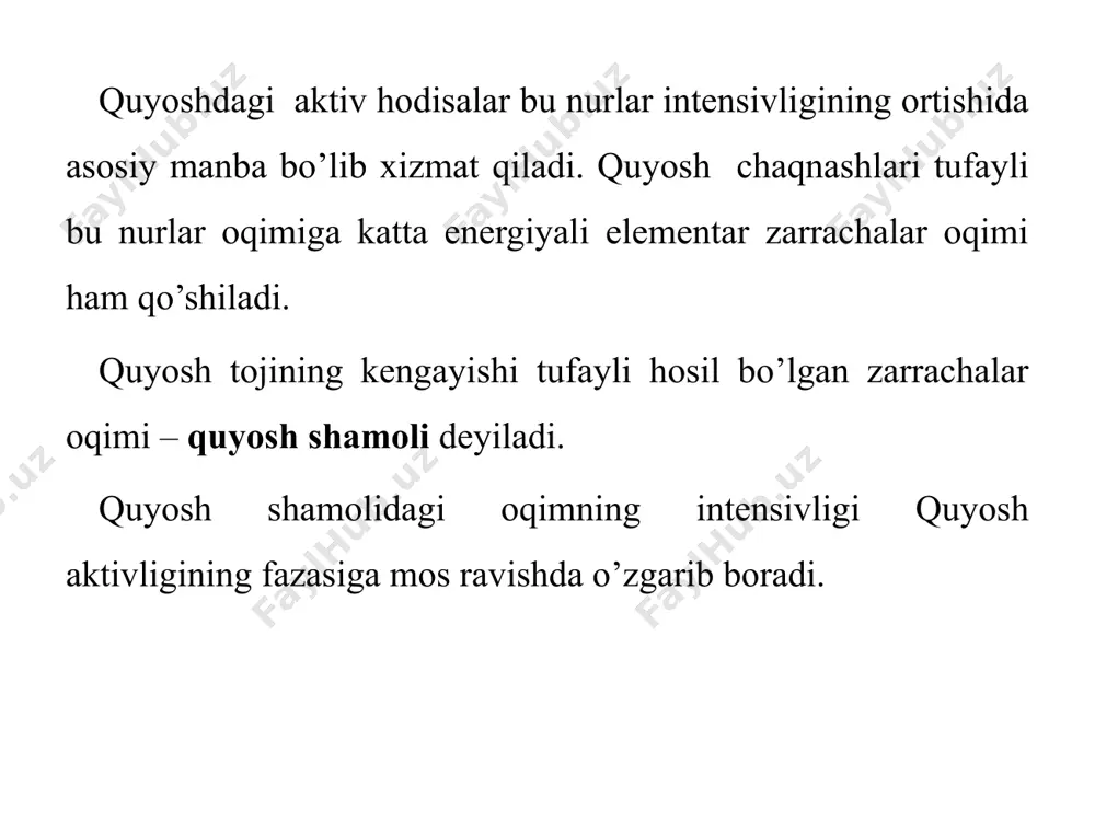 uchlanishi quyosh shamolining magnit maydon kuchlanishidan 10 000 marta katta. yerning magnit maydoni tufayli quyosh shamoli yer magnitosferasi atrofida oqib o’tadi. quyosh shamolidagi zarrachalar yerning magnit maydoni kuch chiziqlari bo’ylab harakatlanadi. yuqori energiyaga ega bo’lgan zarrachalar atmosferadagi atomlar bilan to’qnashadi va atomlarni uyg’otadi. uyg’ongan atomlar nurlana boshlaydi va natijada qutb yog’dusi yuzaga keladi. qutb yog’dusini faqat qutblarda kuzatish mumkin. quyosh shamoli orqali yer qutbiga kirib kelgan zarrachalarning energiyasi quyidagicha: ep = 100 – 200 ev ee = 10 – 20 kev image1.png image2.png image3.png image4.png image5.jpeg image6.jpeg