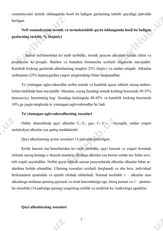 s (hoch2ch2nh3)2s monoetanolamin piroliz xomashyosida oltingugurt miqdori 0,1% (massaviy) dan kam bo`lsa, gazlarni h2s dan va so2 dan tozalash jarayonini ishqorning suvli eritmasi bilan yuvish orqali amalga oshirish mumkin. bunda cos ham qisman yo`qotiladi: 2naoh + h2s na2s + 2h2o 2naoh + cos nahco3 + nahs 2naoh + co2 na2co3 + н2о 3. piroliz gazlarini quritish. ushbu jarayonda dietilenglikol (носн2сн2осн2сн2он) yordamida suv absorbsiyalanadi va so`ngra qoldiq - namlik naa seolitida quritiladi. 4. atsetilen va uning hosilalarini yo`qotish palladiyli yoki nikelkobalt xromli katalizator ishtirokida selektiv gidrirlash orqali amalga oshiriladi. 5. c2, c3, c4 fraksiyalarini ajratish va konsentrlangan alkenlarni olish. piroliz gazlarini tor uglevodorod fraksiyalariga ajratish va ulardan konsentrlangan alkenlarni ajratib olish rektefikatsiya yo`li bilan amalga oshiriladi. gaz ajratishning taxminiy sharoitlari va kalit juft komponentlarining o`rtacha nisbiy uchuvchanlik koeffitsienti o`r quyidagi jadvalda keltirilgan. kalit juft komponentlarning o`rtacha nisbiy uchuvchanlik koeffitsientlari kalit komponentlar p, mpa t0, c o`rtacha yengil og`ir konden- satorda qaytar- …