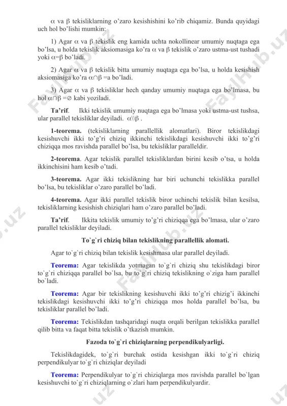 2-mavzu fazoda perpendikular, og'ma va masofa guruh sana ta’lim texnologiyasining modeli ajratilgan vaqti – 80 ta’lim oluvchilar soni: ____ nafar o’quv mashg’ulotining shakli ma’ruza ma’ruza mashg’ulotining rejasi 1. to’g’ri chiziq va tekisliklarning perpendikulyarligi haqida tushuncha. 2. perpendikulyar to’g’ri chiziq va tekislikning xossalari. 3. masalalar yechish. o’quv mashg’ulotining maqsadi: o’quvchilarga fazoda perpendikular, og'ma va masofa haqida to’la tasavvur hosil qilish. o‘qitish natijasi: ushbu mavzuni o‘zlashtirish natijasida o‘quvchida shakllanadigan asosiy bilim, ko’nikma yoki kompetensiyalar. pedagog vazifalari: o’qituvchi: -to’g’ri chiziq va tekislikka ta’rif berish; -to’g’ri chiziq va tekisliklarning o’zaro perpendikulyarligi haqida tushuncha berish; -perpendikulyar to’g’ri chiziq va tekislikning xossalarini izoxlash; -perpendikulyar va og’ma haqida tasavvur hosil qilish; -mavzuga oid masalalar yechish ko’nikmasini shakllantirish; o’quv faoliyatining natijalari: o’quvchi: -to’g’ri chiziq va tekislikka ta’rifini aytib beradilar; -to’g’ri chiziq va tekisliklarning o’zaro perpendikulyarligi haqida tushunchalarini aytadilar; -perpendikulyar to’g’ri chiziq va tekislikning xossalarini izoxlaydilar; -perpendikulyar va og’ma haqida tasavvur hosil qiladilar; -mavzuga oid masalalar yechadilar; ta’lim berish …