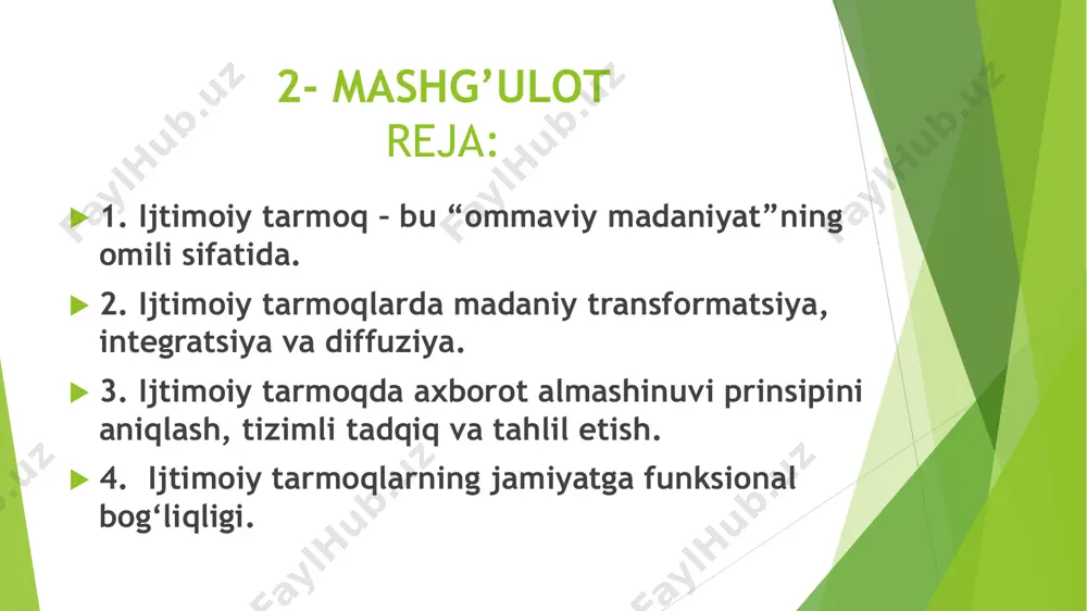 ri harakat qilish zarurligiga qaratilgan.[2] https://uz.wikipedia.org/wiki/ijtimoiy_struktura https://uz.wikipedia.org/wiki/ijtimoiy_struktura https://uz.wikipedia.org/wiki/ijtimoiy_struktura https://uz.wikipedia.org/wiki/sotsial_mojaro https://uz.wikipedia.org/wiki/ijtimoiy_integratsiya https://uz.wikipedia.org/wiki/ijtimoiy_integratsiya https://uz.wikipedia.org/wiki/ijtimoiy_integratsiya  madaniy diffuziya (stixiyali tarqalish).  madaniy diffuziya – bu madaniy shakllarning oʼzaro kirib borishi, naʼmunaviy moddiy va maʼnaviy tizimlarning oʼxshashligi, oʼzaro almashinuvi, kuchib oʼtishi.  diffuziyaning yoʼnalishi oqimi bu migratsiya, turizm, missionerlar faoliyati, savdo, urush, ilmiy konferentsiyalar, savdo kurgazmalari, yarmarkalari, student va mutaxassislarning almashinuvi. yuzma-yuz muloqot va ommaviy kommunikatsiyadan tashqari internet kommunikatsiyaning gibrid shakllarini ham taqdim etmoqda. media koʼnikmalariga ega boʼlgan yoshlar internetdan foydalanishning meʼyorlari, qoidalari va uni boshqaruvchi qonunlarga rioya etishi lozim. аgarda foydalanuvchi mediajamiyatidagi xususiylik meʼyorlari bilan tanish boʼlmasa, u oʼzi anglamagan holda xususiy axborotni jamoatchilikka oshkor qilishi mumkin. internetdan foydalanishning real dunyoda boʼlgani kabi maʼlum xavfi ham mavjud. ulardan himoyalanishning eng yaxshi usuli yoshlarga internetdan foydalanish jarayonida yuzaga keladigan shunday xavflarni boshqarishni oʼrgatishdir. ijtimoiy mediadagi xavflar internetdagi axloqsiz xatti-harakat (bulling) asosan undagi foydalanuvchilarning anonimligi natijasida yuzaga keladi. ijtimoiy mediada bulling ommaviy tus oladi. demak, …