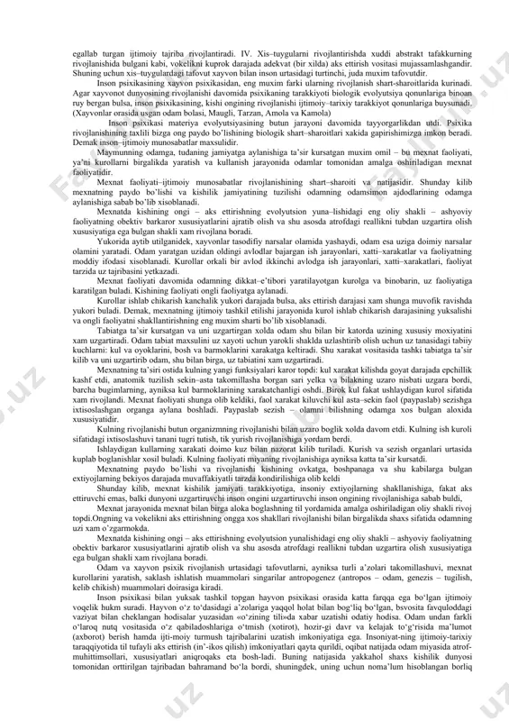muxitda muljal olishiga yordam beruvchi, signal beruvchilik vazifasini utovchi ta’sirlarga javob ta’siridan bulak narsa emas.in’ikos etish darajasi kup xujayrali xayvonlarda ancha yuksakrokdir. kup xujayralilarning murakkabligi xujayralar kupligida emas, xar xilligidadir. masalan, tanasining tashki kismida sanchiladigan (chakadigan) xujayralar joylashgan bulsa, ichki kismi esa ovkat xazm kiladigan xujayralar bilan koplangan. kup xujayralilarning organizmida, shuningdek organizmning biron bir kismida ruy bergan kuzgalishning utkazgichi funksiyasini bajaradigan aloxida sezuvchan protoplazmali xujayralar uzaro birikib, xayvonning butun tanasiga yoyilgan nerv shoxobchasini tashkil etadi. kovakichaklilardagi kiskichlar – uljani ushlab turish organlari yuksak darajada sezuvchandir. organizmning turli kismida joylashgan xujayralar urtasidagi boglanishlar shartli reflekslar paydo bo’lishiga, xotira jarayoni shakllanishiga olib kelgan bo’lishi kerak. evolyutsion zanjirda kovakichaklilardan yuksak turadigan va bu yerda xayot kechiradigan kup xujayralilarda xayot tarzining uzgarganligi munosabati bilan tananing tuzilishi murakkalashadi, kuzgatuvchilarning ma’lum bir turlarini aks ettiradigan uziga xos organlar – sezgi a’zolari rivojlanadi, aks ettirish shakllari xam ancha murakkablashadi. chuvalchangning xar bir segmentida (murakkablashgan buginida) nerv …