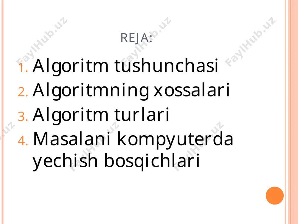 ’xshash turdosh masalalar sinfini hal etish uchun xizmat qiladi masalan, ikki oddiy kasr umumiy maxrajini topish algoritmi har qanday kasrlar umumiy maxrajini topish uchun ishlatiladi. algoritmning ommaviylik xossasi 5-xossa. natijaviylik, ya’ni har bir algoritm chekli sondagi qadamlardan so’ng albatta natija berishi lozim. algoritm masalaning еchimiga chеkli sondagi qadamlar ichida olib kеlishi yoki masalani "еchib bo’lmaydi" dе­gan xabar bilan tugashi kеrak. algoritmning natijaviylik xossasi algoritm turlari dеb hеch qanday shartsiz faqat kеtma-kеt bajariladigan jarayonlarga aytiladi. dеb shartlarga muvofiq bajariladigan ko’rsatmalardan tuzilgan algoritmga aytiladi. dеb biron bir shart tеkshirilishi yoki biron paramеtrning har xil qiymatlari asosida algoritmda takrorlanish yuz bеradigan jarayonlarga aytiladi. algoritimni turli usullar bilan ifodalash mumkin: so’z bilan; formulalar orqali; blok-sxemalar shaklida; algoritmik tillar orqali basic pascal delphi ci ci++ berilga a,b,t – larninig qiymatlari uchun shkda qo’yidagi funksiyaning qiymatini hisoblang. algoritmni blok-sxema ko’rinishda tasvirlashda quyidagi shakllardan foydalaniladi algoritmni boshlanishi va tugashini ifodalovch bloki; o’zgaruvchilar va o’zgarmaslarni kiritish bloki; xisoblash …