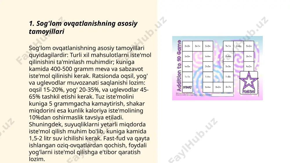 uhim oziq-ovqat mahsulotlari hisoblanadi. ular kundalik ratsionda bo'lishi lozim bo'lgan vitaminlar, minerallar va hujayra tolalariga boy. jahon sog'liqni saqlash tashkiloti (who) o‘rtacha kishi kuniga kamida 400 gramm meva va sabzavot iste'mol qilishi kerakligini tavsiya etadi. ushbu oziq-ovqatlar yurak kasalliklari, insult va ayrim saraton turlarining xavfini kamaytirishi mumkin. meva va sabzavotlar kaloriya jihatidan past bo'lib, ortiqcha vazndan saqlanishga yordam beradi. kundalik ratsionga yengil ishlangan sabzavot va turli xil rangdagi mevalarni qo'shib, turli xil foydali moddalardan foydalanish mumkin. ... t.me/slaydai_bot 7. sog'lom yog'lar va ular ovqatlanishdagi roli sog'lom yog'lar organizm uchun zaruriy energiya manbaidir va vitaminlar (a, d, e va k) singari yog'da eruvchan moddalarni yuborish va assimilyatsiya qilishda ishtirok etadi. ular hujayra membranalari tarkibiy qismi bo'lib, miya faoliyatini qo'llab-quvvatlaydi. sog'lom yog'lar, jumladan omega-3 va omega-6 yog' kislotalari baliq, yong'oq, urug' va o'simlik moylarida topiladi. kunlik yog' kaloriya iste'molining 20-35 foizini tashkil qilishi tavsiya etiladi. yurak salomatligini saqlash uchun transyog'larni va to'yingan …