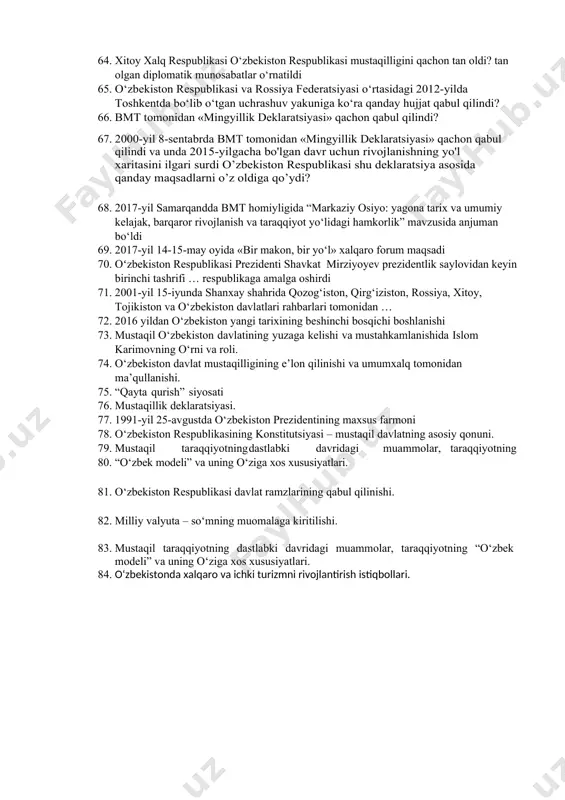 oav o’ziga xos belgilari 54. o’zbekiston respublikasida mavjud barcha tele va radio kanallarning necha foizi nodavlat ommaviy axborot vositalari hisoblanadi 55. “2002-2010 yillarda kompyuterlashtirish va axborot-kommunikatsiyalari texnologiyalarini rivojlantirish dasturi” 56. 2002-yilning 3-iyulidagi o'zbekiston respuыikasi prezi­dentining farmoniga ko’ra 57. mamlakatda 2005-yilning boshidan oavni rivojlantirishning yangi ьosqichi boshlandi prezident iakarimov 2005-yilning 28-yanvarida oliy majlis qonunchilik palatasi va senatining qo'shma majlisidagi ma'ruzasida qanday vazifa qo’yildi? 58. elektron hujjat aylanishi to'g'risidagi qonun 59. o'zbekiston respubikasi prezidentining 2012-yil 21-martda qabul qilingan qaror ma’no va mazmuni 60. “mamlakatimizda demokratik islohotlarni yanada chuqurlashtirish va fuqarolik jamiyatini rivojlantirish konsepsiyasi”da iii yo’nalishi sohasi … 61. o'zbekiston respublikasi prezidentining 2017 y pf-5148-sonli farmoni nimaga qaratilgan edi? 62. o'zbekiston respblikasi prezidentining pq-1740-sonli qarori 2012-yil 16-apreldagi o'zbekiston respublikasida qanday tizim yaratildi 63. o'zbekiston respubikasi prezidentining pq-1740-sonli qarorini amalga oshirishni ta'minlash maqsadida yazirlar mahkamasining 2012-yil 25-iyulda 228-sonli qarori 64. xitoy xalq respublikasi o‘zbekiston respublikasi mustaqilligini qachon tan oldi? tan olgan diplomatik munosabatlar o‘rnatildi …