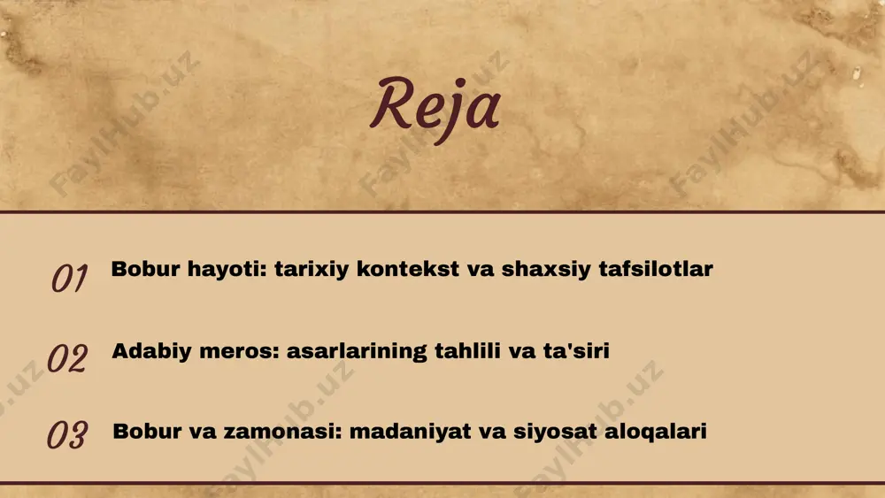 ini va madaniyatini hikoya qiladi. bu asar nafaqat adabiy, balki tarixiy ahamiyatga ham ega bo'lib, o'z zamonasining ijtimoiy, siyosiy va madaniy kontekstini yoritadi. bobur asarlariga kirish bobur o'z asarlarida o'ziga xos uslubda ijtimoiy va siyosiy hayotni tasvirlaydi. uning yozish uslubi sodda va ravon bo'lib, o'quvchilarga o'z zamonining muammolarini yaqqol ko'rsatadi. bobur, shuningdek, o'z asarlarida tabiiy go'zallik va insoniy his-tuyg'ularni juda ta'sirchan tarzda bayon etadi. adabiy merosidagi qiziqarli jihatlar bobur asarlarida turli janrlar mavjud, jumladan, tarixiy, poeziya va proza. u o'z asarlarida o'zining shaxsiy tajribalarini, shuningdek, o'z davridagi voqealarni bayon etadi. bobur tarixiy voqealarni o'z asarlarida qayd etish bilan birga, ularning ruhiyatini ham aks ettiradi. bobur asarlarining o'ziga xos xususiyatlari bobur va madaniyat o'rtasidagi aloqalar bobur davridagi madaniyat va san'at rivoji bobur davrida madaniyat va san'at juda yuqori darajada rivojlandi. u o'zining zamonida san'atkorlar va olimlarga katta e'tibor berdi va ularni qo'llab-quvvatladi. bunday yondashuv, nafaqat adabiyotda, balki rasm, musiqada va me'morchilikda …