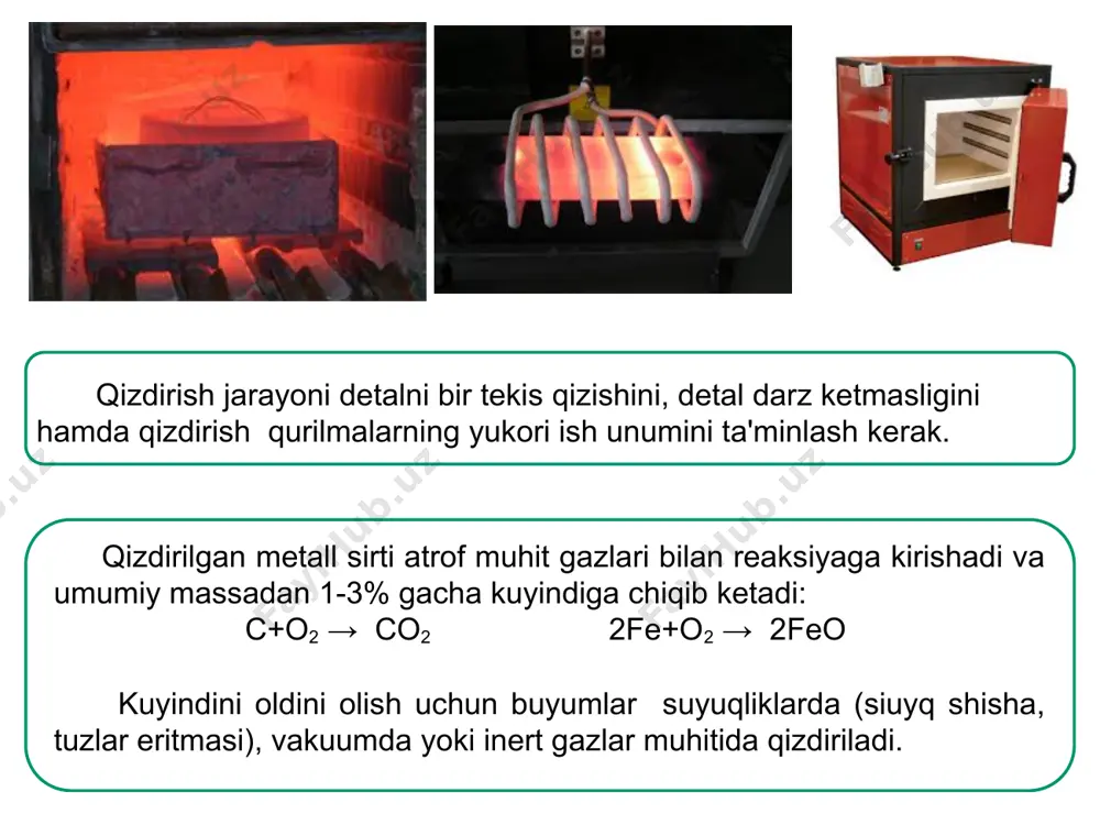 mdagi buyumlar ~ 3000c da bir oz tutib turiladi, keyin moyda sovitiladi. sovitish muhiti – tuzlar yoki metallar eritmasi toblash rejimlari 4. izotermik toblash (v4). pogonali toblashdan farqi ~ 3000c da uzoq turadi, natijada austenit to’liq beynitga o’tadi. bu struktura yuqori mustahkam, plastik va qayishqoq hamda past ichki zoriqishlar bilan ajralib turadi. sovitish muhiti – tuzlar va ishqorlar eritmasi. asosan legirlangan po’latlar uchun qo’llaniladi. 7. bo’shatish jarayonlari bo’shatishning uchta turi ajratiladi: 1. past temperaturali bo’shatish tn = 150…250os. natijada toblash zoriqishlari qisman kamayadi, struktura – bo’shatish martensiti. bu bo’shatish turi asbobsozlik po’laylar uchun qo’llaniladi. 3. yuqori temperaturali bo’shatish tn = 550…650os. natijada yetarli qattiqligiga va yuqori qayishqoqligiga erishiladi. bu strukturaning nomi – bo’shatish sorbiti. zarbalar ta’sirida ishlaydigan detallar uchun qo’llaniladi. 2. o’rta temperaturali bo’shatish tn = 300…400os. natijada bo’shatish troostiti hosil bo’ladi. po’lat elastik va qayishqoq bo’ladi, qattiqligi 40…45hrc yetkaziladi. bu bo’shatish turi ressora, prujina kabi detallar uchun qo’llaniladi. bo’shatish …