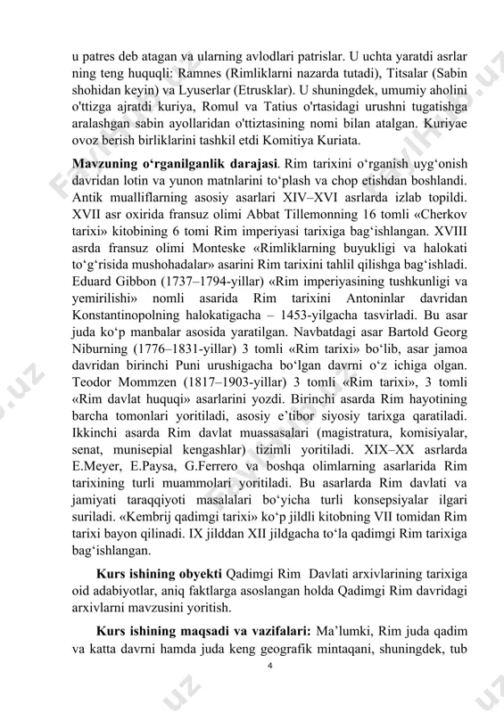 adi. rim arxivlarini o’rganishning maqsadi ham tarixni yoritish, jamiyat hayotidagi o‘rnini ko‘rsatib berish, talabalarning tarixiy tafakkurini yuksaltirish, arxiv ishi tarixi hamda tarixiy taraqqiyotini ilmiy-nazariy tahlil etish, arxivlarning ijtimoiy-ma’naviy hayotdagi o‘rni hamda arxivlarga nisbatan maqsadli yo‘naltirilgan jamoatchilik fikrini shakllantirishdan iborat. kurs ishining ahamiyati. turli manba va adabiyotlarni tahliliy solishtirish va qiyoslash vositasida rim davlatini tarixiy hayot tarsi va hozirgi kunda ularning tarixini o’rganishda amalga oshirilayotgan keng va tizimli islohotlar, hamda ularning samaradorlik darajasi haqida atroflicha ma’lumotlar shakllantiriladi, tarixiy hujjatlarning elektron nusxalarini yaratish va bugun va o’tmish amaliyotidagi yutuq va kamchiliklarning, shuningdek, barcha iqtisodiy, siyosiy va madaniy bosqichlari haqida to‘liq va batafsil ma’lumotlar beriladi. kurs ishining tuzilishi va hajmi. kurs ishi kirish, asosiy qism, to‘rtta paragraf, xulosa hamda foydalanilgan adabiyotlar ro‘yxatidan iborat. kurs ishining umumiy hajmi – 35 bet. 1.1 rimda dastlabki arxivlarning vujudga kelishi. eramizdan avvalgi ii ming yillik oxirlari va i ming yillik boshlarida italiya aholisining (ayniqsa janubda va markazda …