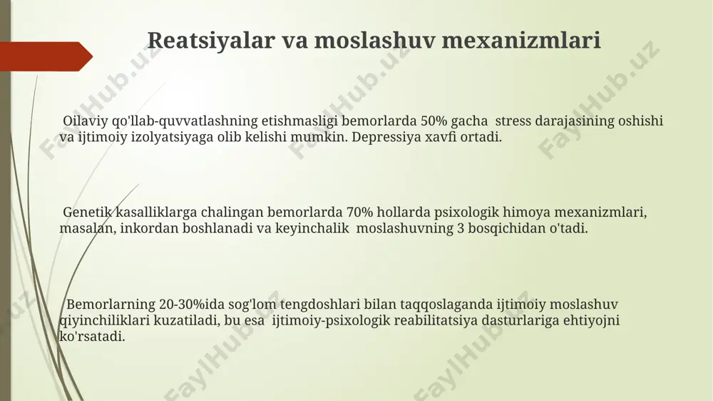 imoiy moslashuv darajasi, kasallikning og'irligi, bemorning yoshi, oilasidagi qo'llab-quvvatlash darajasi va mavjud tibbiy-ijtimoiy reabilitatsiya dasturlarining samaradorligiga bog'liq. kelajakdagi istiqbollar va tavsiyalar irsiy kasalliklarga chalingan 15 yoshgacha bo'lgan bolalar uchun maxsus inklyuziv ta'lim dasturlarini ishlab chiqish va qo'llash, ularning tengdoshlari bilan muvaffaqiyatli integratsiyasini ta'minlash muhim ahamiyatga ega. ijtimoiy moslashuvni yaxshilash uchun kamida 30% bemorlarga psixologik yordam va ijtimoiy reabilitatsiya xizmatlarini taqdim etish kerak, bu esa ularning hayot sifatini yaxshilashga yordam beradi. kelajakda genetik terapiya va crispr-cas9 texnologiyalari kabi yangi davolash usullarining rivojlanishi tufayli, taxminan 5-10 yil ichida irsiy patologiyalarni davolash samaradorligi sezilarli darajada oshadi. e'tiboringiz uchun rahmat @taqdimot_robot