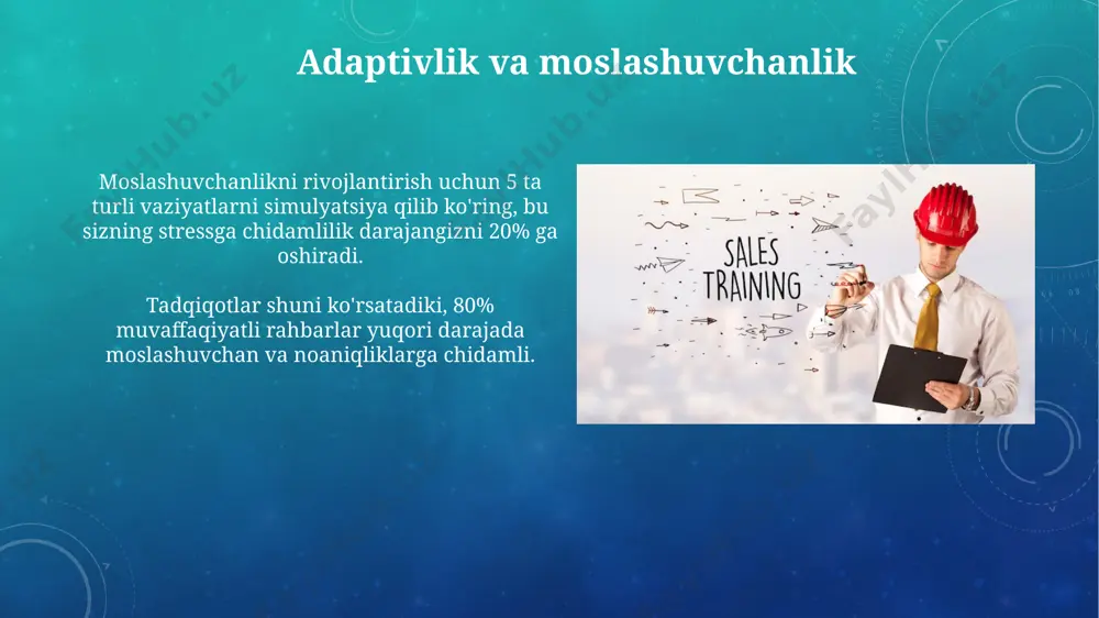 aradorligini oshirish uchun, faol tinglash texnikasini (aks ettirish, qayta so'rash, xulosa chiqarish) qo'llashni o'rganing va har kuni kamida 2 ta muloqotda buni amalda qo'llang. o'zingizni yozib olish va tahlil qilish orqali, nutq tezligingizni, intonatsiyangizni va so'z boyligingizni baholang; kamida 3 ta asosiy kamchilikni aniqlab, ularni bartaraf etish ustida ishlang. tuzilganlik va tashkilotchilik muvaffaqiyatli loyihalarni tahlil qilish orqali kamida 3 ta eng samarali tashkilotchilik strategiyasini aniqlash va kelgusidagi ishlarga qo'llash foydali bo'ladi. tuzilganlik va tashkilotchilik ko'nikmalarini rivojlantirish uchun 5 dan ortiq loyihalarda ishtirok etish, har birining bajarilish muddatini va bosqichlarini aniq rejalashtirish tavsiya etiladi. vaqtni samarali boshqarish kunlik rejalashtirishda pomodoro texnikasini qo'llash samaradorlikni 25% ga oshirishi mumkin, bu 25 daqiqalik ish va 5 daqiqalik tanaffuslardan iborat bo'lib, diqqatni jamlashga yordam beradi. vaqtni samarali boshqarishda pareto printsipi (80/20 qoidasi) muhim rol o'ynaydi: 80% natijalar 20% harakatlardan kelib chiqadi, shuning uchun asosiy vazifalarga e'tibor qaratish kerak. e'tiboringiz uchun rahmat @taqdimot_robot image3.png image4.jpg image5.jpg …