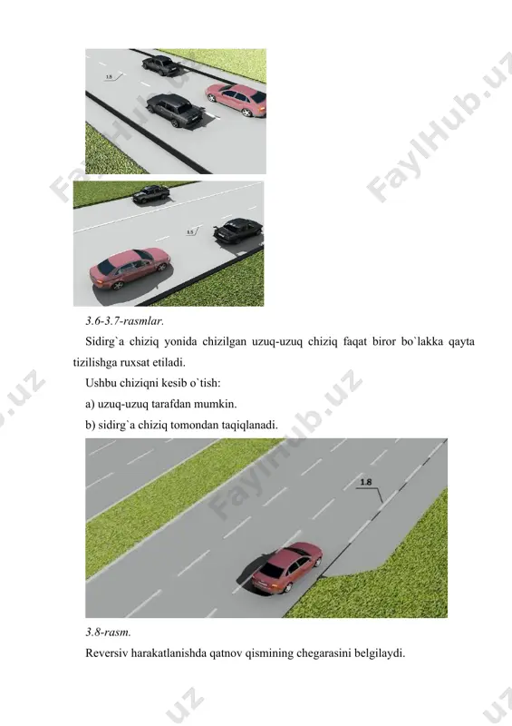 higa olib keladi. yo`l belgi chiziqlar ko`priklar, osma yo`llar ustunlari yuzasiga chizilib harakatlanayotgan transport vositasi haydovchisiga yo`ldagi xavf soluvchi to`siqning rangini keskin ajratib, ko`rinishini osonlashtiradi. 3.24-rasm yo`l belgi chiziqlar tonellar, ko`priklar, osma yo`llar va ko`priklarni pastki qirralariga chizilgan oq-qora rangli chizma haydovchiga inshootning pastki qismini farqlashini osonlashtiradi. 3.25-rasm yo`l belgi chiziqlar ajratish bo`laklaridagi yoki “xavfsizlik orolchalari” dagi dumaloq ustunlarni bildiradi. 3.26-rasm yo`l belgi chiziqlarni yo`naltiruvchi beton yoki temir-beton ustunlar, to`siq tirgaklar va qoziqlarni bildirib, qorong`i vaqtda, quyuq tumanda, hamma joy oppoq qor bilan qoplanganda yo`lning troektoriyasini o`zining keskin farqlanadigan oq-qora rangi bilan aniq ko`rsatadi. 3.27-rasm yo`l belgi chiziqlar yo`lning kichik radiusli burulishlari, tik nishabliklari va boshqa xavfli joylarida yo`l chetiga o`rnatilgan to`siqlarning yon yuzlarini bildiradi. yo`l belgi chiziqlar boshqa joylardagi to`siqlarning yon yuzlarini bildiradi. 3.28-rasm yo`l belgi chiziqlar yo`lning xavfli joylarida uning chetidagi to`siqni (bordyurni) va yo`l sathidan baland bo`lgan “xavfsizlik orolchalari” ni ko`rsatadi. 3.29-rasm foydalanilgan adabiyotlar: 1. i.a. karimov, …