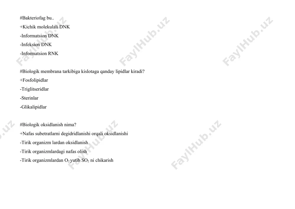 ntezlanadi? +sitoplazmada -mitoxond riyada -golji apparatida -lizosomada #yoglar xazm bo‘lishida o‘t kislotalarini roli qanday? +yoglarni emulgirlaydi -lipazani aktivlaydi -xilomikronlar xosil kiladi -yog kislotalar ayrilishida #yoglarni gidrolizida qaysi fermentlar ishtirok etadi? +lipaza -fosfolipaza -amilaza -sellyuloza #ikkilamchi qurilish deb nimaga aytiladi? +polipentid zanjirini spiralsimon ko‘rinishi -polipentid zanjirini fazoviy kurinishi -aminokislota koliklarini joylashuvi -peptid boglarining uzaro boglanishi #k0 a ni yog‘ almashinuvidagi roli qanday? +yog kislotalarni aktivlashuvida -betta oksidlanishida -yog kislotalar sintezida -glitserin aktivlashuvida #qanday fosfolipidlarni bilasiz ? +letsitin, kefalin -letsitin, trionarin -kefalin , xolesterin -karnaub mumi, asalari mumi #katobolizm nima? +yuqorimolekulyar birikmalarni energiya ajralishi bilan ketadigan kichik malekulali birikmalarga parchalanishi -yuqorimolekulyar birikmalarni pachalanishi -xujayrada energiyani ko‘chirilishi -yuqori molekulyar birikmalardan energiya ajralishi #koferment nima? +fermentni past molekulyar termostabil qismi -fermentni kushimcha komponenti -fermentni aktivligini belgilovchi komponent -fermentni aktivligini boshkaruvchi komponenti #krebs siklini xujayrani qaysi qismida amalga oshadi? +mitoxondriyada -sitoplazmada -endoplazmatik to‘rida -golji kompleksida #lipidlarning tarkibi nimadan iborat? +glitserin va yog‘ kislotalari birikmasi -oqsilni …