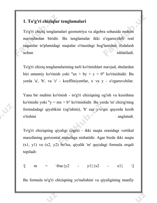 nglama shakli: \( x/a + y/b = 1 \) 3. yoyilish tenglamasi yoki y = mx + b shakli, bu yerda \( m \) - chiziqning yoyilish koeffitsienti, \( b \) esa y-o'qi bilan kesishish nuqtasi hisoblanadi. ikki chiziq, masalan \( l_1: a_1x + b_1y = c_1 \) va \( l_2: a_2x + b_2y = c_2 \), berilgan bo'lsin. ular kesishishi shartini quyidagicha ifodalashimiz mumkin: - agar determinant \( \delta = a_1b_2 - a_2b_1 \) nolga teng bo'lmasa (\( \delta \neq 0 \)), unda chiziqlar bir-birini bitta nuqtada kesib o'tadi. bu nuqta chiziqlar sistemasi uchun yagona yechim bo'ladi. kesishish nuqtasini aniqlash uchun quyidagi yo'lni tanlash mumkin: - ya’ni \( \delta \neq 0 \) bo'lsa, quyidagi ketma-ketlik yordamida x va y qiymatlarini topish mumkin: \[ x = \frac{c_1b_2 - c_2b_1}{a_1b_2 - a_2b_1} \] \[ y = \frac{a_1c_2 - a_2c_1}{a_1b_2 - a_2b_1} \] ushbu formulalar determinantning har xil arifmetik kombinatsiyasidan hosil bo'lgan …