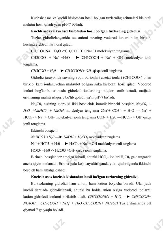 sid ekanligini isbotlab bering. hosil bo'lish reaksiya tenglamasini molekulyar va ionli tenglama ko'rinishda yozing. muhitning o'zgarishiga gidroliz jarayonining ta'siri oltita probirka olib ularning har biriga l ml distillangan suv soling. har bir probirkaga lakmus neytral eritmasidan binafsha rang hosil bo'lguncha soling. bitta probirkani solishtirish uchun olib qo'ying. birinchi probirkaga natriy xlorid, ikkinchisiga natriy atsetat, uchinchisiga aluminiy nitrat, to'rtinchisiga mis (ii)-xlorid va beshinchisiga natriy fosfat eritmalaridan soling. eritmani yaxshilab aralashtiring. lakmusning rangining o'zgarishiga qarab muhitini aniqlang. kuzatilgan natijani quyidagi jadvalga yozing. tuzlarning kimyoviy formulasi lakmusnin g rangi reaksiya muhiti eritmaning muhiti ph 7 oksidlanish-qaytarilish reaksiyalari oksidlanish-qaytarilish reaksiyalariga oidlar asbob va reaktivlar. probirkalar va ular uchun shtativlar, rux (mosh donasidek qilib maydalangan), temir plastinka, mis sim (d =1-2 mm), temir (ii)-sulfat, magniy, kraxmal eritmasi, yodli suv, vodorod sulfidli suv. sulfat kislota (2m va 2n), mis(ii)-sulfat (1m), temir(iii)-xlorid (0,25m), kaliy yodid (0,25m), kaliy bixromit (0,5n), xrom(iii)-sulfat (0,5n), o’yuvchi natriy (0,5n), vodorod peroksid (0,5n), …