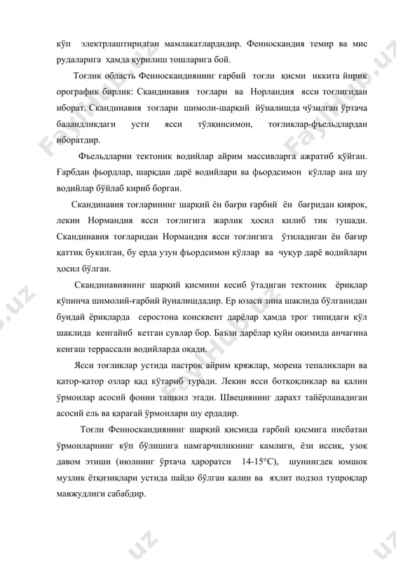 н тузилган. марказий швеция паст-текислигидагина қумтош ва кембрий-силур сланец ҳамда охактошлардан иборат чўкинди жинслар қолдиқлари учрайди. скандинавия музликларининг чекиниш босқичларида қадимги балтика денгизининг қирғоқ чизиқлари бор неча марта ўзгарган ва трансгрессиялар бўлган. бир неча трансгрессия оқибатида марказий швеция пасттекислигида ва қисман финляндиянинг марказий кўл пасттекислигида морена қоплами ювилиб кетган ва денгиз қумлари ҳамда гиллари ёткизилган. бироқ трансгрессиялар узоқ давом этмаганлигидан фенноскандия текисликларининг музлик рельефи умуман кам ўзгарган. сув остида қолган районларда асосан тупроқ-грунт характери ўзгариб, майда донали гил фракциялар кўпайган. бу фракциялар подзол тупроқларнинг гилли ва қумок турларининг пайдо бўлишига катта аҳамиятга эга. фенноскандия текисликларининг атлантика океанидан анча узоқ бўлганлиги ҳамда скандинавия тоғлари билан тўсилганлиги туфайли мўътадил кенгликларнинг денгиз ҳавоси иқлимга кам таъсир қилади ҳамда арктика ҳавоси билан континентал мўътадил ҳаво тез-тез кириб келади. текисликлар иқлими учун қишнинг узоқ ҳамда совуқ бўлиши, ғарбий европадаги энг паст абсолют ҳарорат, қорнинг узоқ ётиши, кеч кўкламда ва эрта кузда тез-тез совуқ уриши характерлидир. …