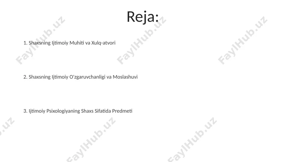 iy ta'siri orqali amalga oshiriladi, shaxs esa o'z fikrlarini guruh normalariga moslashtiradi. asch eksperimenti shuni ko'rsatdiki, taxminan 37% ishtirokchilar kamida bitta noto'g'ri javob berishgan, bu shaxsning konformizmga moyilligini aks ettiradi. atributsiya va shaxs atributsiya jarayonida shaxsning ichki xususiyatlari (masalan, motivatsiya, qobiliyat) 70% gacha, tashqi omillar (masalan, vaziyat, omad) esa 30% gacha ta'sir ko'rsatishi mumkin. fundamental atributsiya xatosi shaxsning boshqalarning xatti-harakatlarini tashqi omillarga emas, balki ularning ichki xususiyatlariga bog'lashga moyilligini ko'rsatadi, bu esa 90% hollarda noto'g'ri xulosalarga olib keladi. shaxsning o'z-o'zini anglashi shaxsning oʻz-oʻzini anglashi, oʻrtacha 18 yoshga kelib, ancha mustahkamlanadi, lekin 25 yoshgacha rivojlanish davom etadi va bu jarayon ijtimoiy ta’sirlarga juda bogʻliq. oʻz-oʻzini anglashning 3 asosiy komponenti mavjud: oʻz-tasavvur, oʻz-baholash va oʻz-nazokat; ularning oʻzaro bogʻliqligi shaxsning psixologik salomatligiga ta’sir qiladi. shaxsning ijtimoiy rol va maqomi ijtimoiy maqom, shaxsning jamiyatdagi o'rni va obro'sini 1 dan 10 gacha bo'lgan shkala bilan baholash mumkin, bu ko'rsatkich uning boyligi, ta'siri va obro'siga bog'liq. …