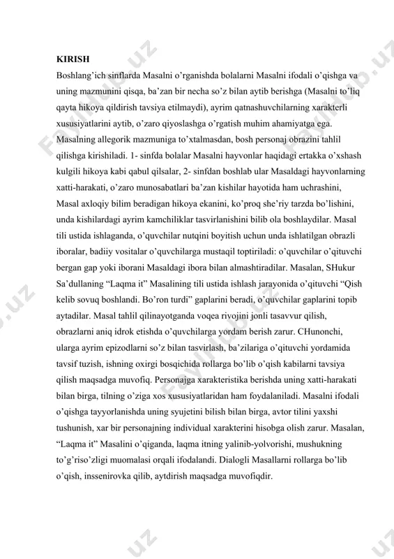 ni jonli tasavvur qilish, obrazlarni aniq idrok etishda o’quvchilarga yordam berish zarur. chunonchi, ularga ayrim epizodlarni so’z bilan tasvirlash, ba’zilariga o’qituvchi yordamida tavsif tuzish, ishning oxirgi bosqichida rollarga bo’lib o’qish kabilarni tavsiya qilish maqsadga muvofiq. personajga xarakteristika berishda uning xatti-harakati bilan birga, tilning o’ziga xos xususiyatlaridan ham foydalaniladi. masalni ifodali o’qishga tayyorlanishda uning syujetini bilish bilan birga, avtor tilini yaxshi tushunish, xar bir personajning individual xarakterini hisobga olish zarur. masalan, “laqma it” masalini o’qiganda, laqma itning yalinib-yolvorishi, mushukning to’g’riso’zligi muomalasi orqali ifodalandi. dialogli masallarni rollarga bo’lib o’qish, inssenirovka qilib, aytdirish maqsadga muvofiqdir. i.bob.badiiy adabiyot janrlari haqida ma’lumot 1.1. adabiy janrlar adabiy janrlar- tarixan shakllangan guruhlar adabiy asarlar, rasmiy va mazmunli xususiyatlar to'plami bilan birlashtirilgan (tanlash faqat rasmiy belgilarga asoslangan adabiy shakllardan farqli o'laroq). bu atama ko'pincha "adabiyot turi" atamasi bilan noto'g'ri belgilanadi. adabiyotning nasl-nasabi, turlari va janrlari o'zgarmas, asrlardan beri mavjud va abadiy mavjud bo'lgan narsa sifatida mavjud emas. ular …