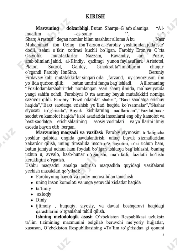 osiyo to`la arab xalifaligining bir qismiga aylantirilgan edi. g`oyaviy dunyoda esa islom siyosiy ideologiyasi hukmronlik qilib, maktab, madrasa va maschitlarda asosan arab, fors tillarida yozilgan diniy kitoblar o`qitilar edi.arab xalifaligining markaziy shaharlari- bog`dod va damashqda ilm-fan boshqa shaharlarga nisbatan taraqqiy qiladi. shuning uchun ham farobiy boshqa zamondoshlari kabi arab tilini o`rganadi va bog`dod shahrining yetuk ensiklopedist olim darajasiga ko`tariladi. ix asrda bog`dod iqtisodiy, siyosiy, madaniy markazlardan biriga aylangan bo`lib, uning bozorlarida sharq va arab mamlakatlarilan keltirilgan kamyob mollarni ko`plab uchratish mumkin edi. bu shaharning kitobxonalarida turli davlatlar va turli tillarda chop etilgan kitoblar ham bor edi. eng muhimi bog`dod olimlari, san`atkorlar, tarixchilar to`plangan yirik markaz edi. 5 farobiy ko`plab xorijiy tillarni o`rganib, ular orqali platon aristotel kabi buyuk mutafakkirlarning ilmiy merosidan bahramand bo`ladi. u matematika, meditsina kabi tabiiy fanlar bilan bir vaqtda filosofiya, logika, siyosat, davlat haqidagi ijtimoiy fanlarning sohalari bilan ham shug`ullanadi va o`zining yuzdan ortiq asarlarini yozib qoldiradi. …
