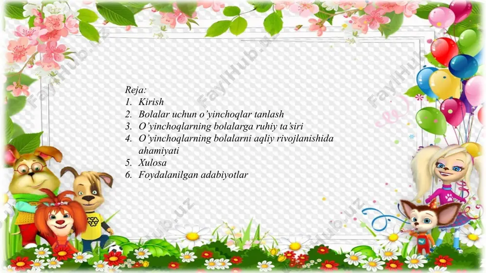 nadi. o‘yinchoq bolada olijanob tuyg‘ularni uyg‘otishi, boshqa millat bolalari bilan do‘stona munosabatlarni tarbiyalash, voqelikka nisbatan olijanob tuyg‘ular uyg‘otishi, ijobiy ahloqiy tajriba to‘plashga yordam berishi lozim. bolaning faollikka bo‘lgan intilishini qoniqtirishi va uni uyg‘otishi kerak. obrazli o‘yinchoq real haqiqatni ifoda etadi, buyum, uning xususiyatlari va hayotdagi ahamiyatini aks ettiradi. o‘yinchoqning dinamiklik xususiyati undan ko‘p marotaba rejali tarzda foydalanish imkonini yaratadi. bu xususiyatidan kelib chiqib, o‘yinchoqqa quyidagi talablar g‘o‘yiladi: gigienik talablar. o‘yinchoq qanday materialdan va rangdan tayyorlanganligi, bolaning hayotiga hech qanday xavf solmasligi, yaxshi tozalanishi mumkinligi asosiy talablardan xisoblanadi. badiiy talablar. shakl, bo‘yoq va bezaqlarning har tomonlama uyg‘unlashuvi, bir-birini rang va shakl jihatdan to‘ldirib, ta’kidlab, o‘yinchoqning badiiy ifodaliligini oshiradi. o‘yinchoqlarning tuzilishi va bezalishi bolalarning turli yosh bosqichlarida idrok etish xususiyatlariga to‘la mos kelmog‘i lozim. to‘g‘ri tanlangan o‘yinchoq - bolaning jismoniy, ahloqiy, aqliy va badiiy-estetik tarbiyasi rivojiga ijobiy ta’sir ko‘rsatadi. bolani aqliy jihatdan tarbiyalashda didaktik o‘yinchoqlarning butun bir tizimi katta ahamiyat kasb etib, …
