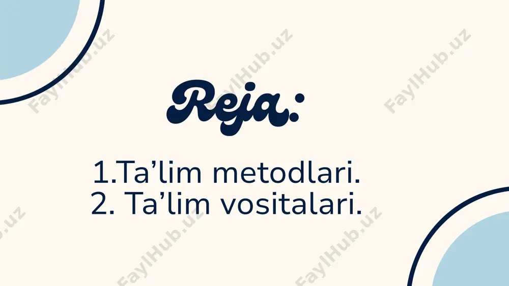 tahlili. semantik xususiyatlar tahlili. b-b-b chizmasi. 0 ‘qitish bo'yicha qo'llanma. bir-biriga o‘rgatish. bir-biridan so‘rash. ikki qismli kundaliklar. eng asosiy tushunchalar, takrorlash. t-chizma. kontseptual jadval. venn diagrammasi. nilufar guli. besh minutlik esse. 0 ‘n miimtlik esse. interfaol metodlar va grafik organayzerlar. ta’lim metodlarini tanlash pedagogika fanida о‘qituvchilarning amaliy tajribasini o‘rganish va umumlashtirish asosida ta’lim metodlarini tanlashga o‘quv-tarbiya jarayoni kechayotgan shart-sharoitlar va aniq holatlarga bog’liq muayyan yondashuvlar vujudga keladi. ta’lim metodlarini tanlashda quyidagi holatlar inobatga olinishi lozim: • ta’limning umumiy maqsadlari. • fanning va o‘rganilayotgan mavzuning mazmuni hamda o‘ziga xosliklari. • biror fanni o‘qitish metodikasining o‘ziga xosliklari. • materialni o‘rganishga ajratilgan vaqt. • o‘quv mashg‘ulotinmg maqsadi, vazifalari va mazmuni. • o‘quvchilaming yoshi va bilish imkoniyatlari. • о‘quvchilarning tayyorgarlik darajasi. • ta’lim muassasasining moddiy ta’minlanganligi. • o‘qituvchining nazariy, amaliy va metodik tayyorgarligi, pedagogik mahoratni egallaganlik darajasi. ta’lim vositalari ta’lim metodlari ta’lim vositalari bilan birgalikda qo‘llaniladi. ta’lim vositalari - bu yangi bilimlarni o‘zlashtirish uchun …