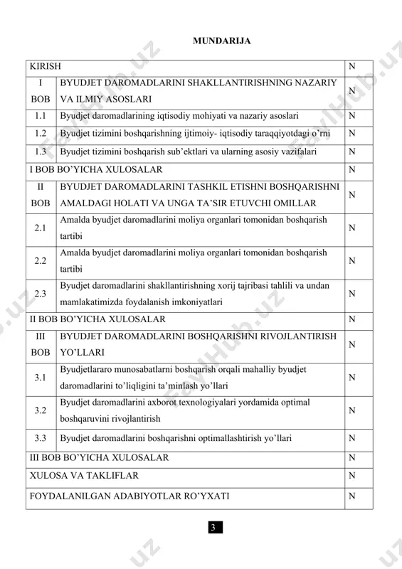ak, n.v.salina va o'zbekistonlik olimlardan m.alimardonov, a.vahobov, e.gadoev, sh.gataulin, a.jo'raev, x.jamolov, t.malikov, a.mamanazarov, o.olimjonov, sh.toshmatov, n.haydarov, b.toshmurodova, q.yah'yoev, n.qo'zieva, d.raxmonov, h.kurbonov, s.karimov, b.abibullaev, j.esmurzaev, s.jubaev, a.mamanazarov, a.suvonov, q.tojiboeva, x.qobulov, x.qurbonov, a.xayriddinov, a.islamkulov, u.o'roqov, n.soatovalar tomonidan tadqiq qilingan davlat daromadlarining nazariy asoslarini s.fishyer, k.makkonnell, stenli l.bryu, a.laffyer, a.shyeremet, v.panskov, b.sabanti, d.chyernik, b.boldirev, g.polyak, v.romanovskiy, bezdenejnix a.v., malisheva v.i. kabi xorijiy va i.karimov, m.sharifxodjaev, t.malikov, h.sobirov, q.yahyoev, e.gadoev, n.haydarov, n.jumaev kabi o’zbekistonlik olimlari tomonidan yetarli darajada o’rganilgan. tadqiqot maqsadi: byudjet daromadlarini boshqarishni tashkil etish va unga bog'liq bo'lgan muammolarni kelib chiqish sabablarini aniqlash ularni oqilona hal qilishga qaratilgan ilmiy taklif va amaliy tavsiyalar ishlab chiqishdan iborat. тадқиқот вазифалари: · davlat byudjeti daromadlari tarkibini yoritish; · byudjet daromadlarini boshqarishni ahamiyati va rolini oshirishning nazariy asoslarini yoritish; · byudjet tizimini boshqarish sub'ektlari va ularni vazifalarini o'rganish va unda mavjud bo'lgan muammolarning kelib chiqish sabablarini aniqlash; · byudjet daromadlarini boshqarishda iqtisodiy tarmoqlar va ularni soliq …