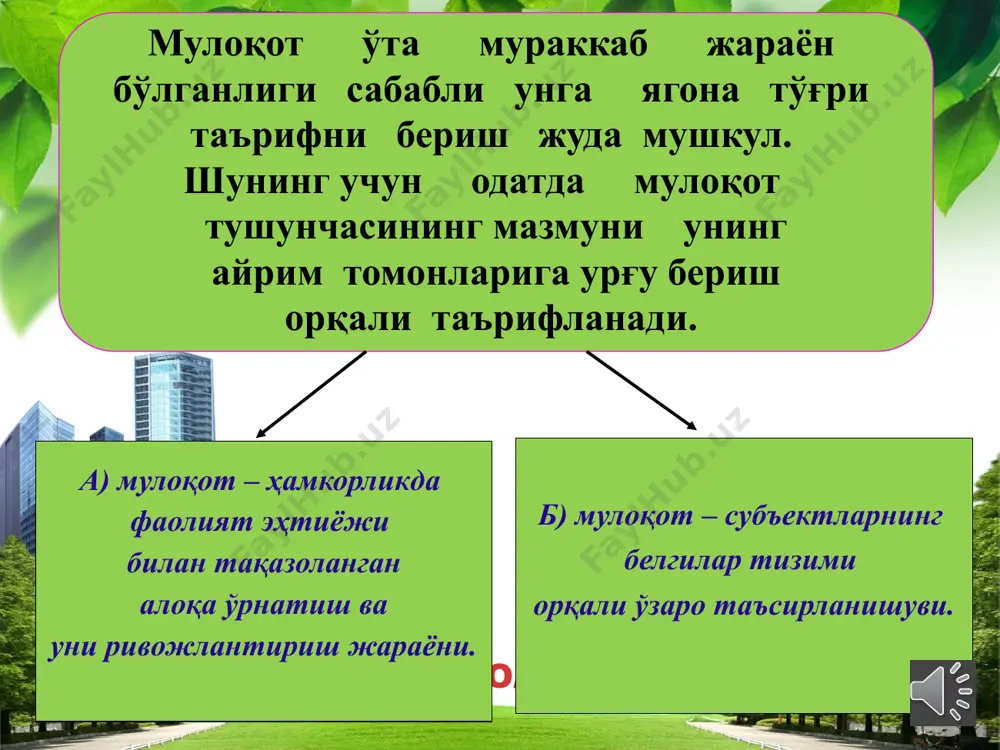 нгчи). нутқнинг ички нутқ деб аталган тури нутқ фаолиятининг алоҳида тури ҳисобланади. ички нутқ амалий ва назарий фаолиятни режалаштириш фазаси сифатида намоён бўлади. биз сўзни чала-ярим айтишимиз биланоқ тушунаверамиз. ички нутқ айрим оғзаки нутқ актларидан илгарироқ, хусусан ихтиёрийлик даражаси анча юксакроқ бўлган оғзаки нутқдан илгарироқ содир бўлиши мумкин. ёзма нутқ монологик нутқнинг турларидан бири бўлиб, ёзма нутқ монологик нутққа нисбатан батафсилроқдир. l/o/g/o коммуникатив жараён аксиал (бунда ахборот айрим аниқ одамларга йўналтирилади) ёки ретиал (бунда ахборот бир қанча эҳтимол қилинаётган реципиентларга йўналтирилади) характерда бўлиши мумкин. коммуникатив жараёнда ўзаро муносабатга киришувчиларни бир-бирларини тушунишлари жуда муҳимдир. бунда нутқнинг қуйидаги муҳим хусусиятлари пайдо бўлади, яъни мазмундорлик, тушунарлилик, ифодалилик, таъсирчанлик кўрсатилади. буюк француз ёзувчиси антуан сент экзюпери «мулоқот – шундай неъматки, у орқали инсон лаззатланади», деб ёзган эди. сўзнинг моҳияти ҳақида саъдий «ақллимисан ёки аҳмоқ каттамисан ёки кичик буни бир сўз айтмагунча била олмаймиз» деган эди. халқимизда шундай ибратли ибора бор «инсон ақл фаросати унинг …