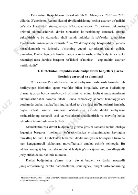 liya tizimida, uning markaziy bo’g’ini bo’lgan davlat moliyasida amalga oshirilayotgan islohotlar davlat moliyasini boshqarish masalalarida muayyan bilim va ko’nikmalarga ega bo’lish zarurligini talab qilmoqda. bunday sharoitda nafaqat davlat moliyasi haqidagi ma’lum nazariy bilimlarga ega bo’lgan, balki davlat budjeti g’azna ijrosi jarayonlarida vujudga keladigan holatlarni tushuna oladigan, budjet ijrosi ishtirokchilari bo’lgan moliya organlari, g’aznachilik bo’linmalari, budjet tashkilotlari va budjetdan mablag’ oluvchilar amaliy faoliyatini samarali tashkil qila oladigan, davlat mablag’larini samarali boshqarishga qaratilgan boshqaruv qarorlarini qabul qila oladigan zamonaviy mutaxassislar tayyorlash birinchi darajali ahamiyatga egadir. shu sababli davlat moliyasi uchun tashabbuskor, ijodiy fikrlaydigan mutaxassis kadrlarni tayyorlashda budjet-moliya va budjetning g’azna ijrosi nazariyasi va amaliyotini o’rganishga muhim o’rin beriladi. jamiyatning bu talabini anglagan holda, shuningdek, kadrlar tayyorlash milliy dasturining ta’lim tizimiga yangi avlod darsliklarini yaratish bo’yicha dasturiy vazifasini bajarish maqsadida mualliflar tomonidan oliy ta’limning tegishli yo’nalishlaridagi talabalar uchun “g’aznachilik” nomli darslik yaratildi. ushbu darslikning maqsadi talabalarda davlat budjeti g’azna ijrosini tashkil etish va …