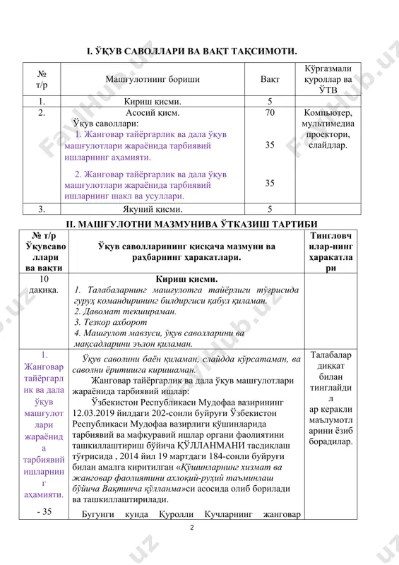 саволларининг қисқача мазмуни ва раҳбарнинг ҳаракатлари. тингловчилар-нинг ҳаракатлари 10 дақиқа. кириш қисми. 1. талабаларнинг машғулотга тайёрлиги тўғрисида гуруҳ командирининг билдиргиси қабул қиламан. 2. давомат текшираман. 3. тезкор ахборот 4. машғулот мавзуси, ўқув саволларини ва мақсадларини эълон қиламан. 1. жанговар тайёргарлик ва дала ўқув машғулотлари жараёнида тарбиявий ишларнинг аҳамияти. - 35 дақиқа. ўқув саволини баён қиламан, слайдда кўрсатаман, ва саволни ёритишга киришаман. жанговар тайёргарлик ва дала ўқув машғулотлари жараёнида тарбиявий ишлар: ўзбекистон республикаси мудофаа вазирининг 12.03.2019 йилдаги 202-сонли буйруғи ўзбекистон республикаси мудофаа вазирлиги қўшинларида тарбиявий ва мафкуравий ишлар органи фаолиятини ташкиллаштириш бўйича қўлланмани тасдиқлаш тўғрисида , 2014 йил 19 мартдаги 184-сонли буйруғи билан амалга киритилган «қўшинларнинг хизмат ва жанговар фаолиятини ахлоқий-руҳий таъминлаш бўйича вақтинча қўлланма»си асосида олиб борилади ва ташкиллаштирилади. бугунги кунда қуролли кучларнинг жанговар қобилиятини ошириш, армиянинг ташкилий тузилишини тубдан ислоҳ қилиш ва мустаҳкамлаш, барча қўшин турлари, ҳудудий округлар, қисм ва бўлинмаларнинг хатти-ҳаракатларини яхлит тузилма сифатида уйғунлаштириш мақсадида иш олиб …